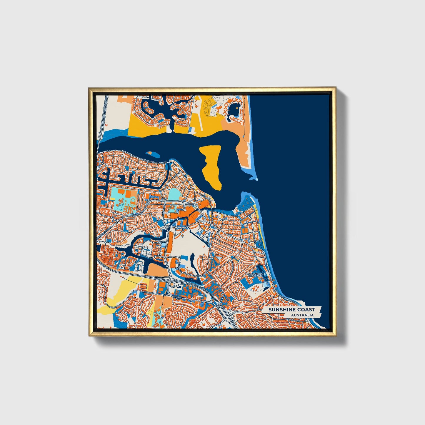 Sunshine Coast Australia Colorful City Map Canvas Print • Gold Framed