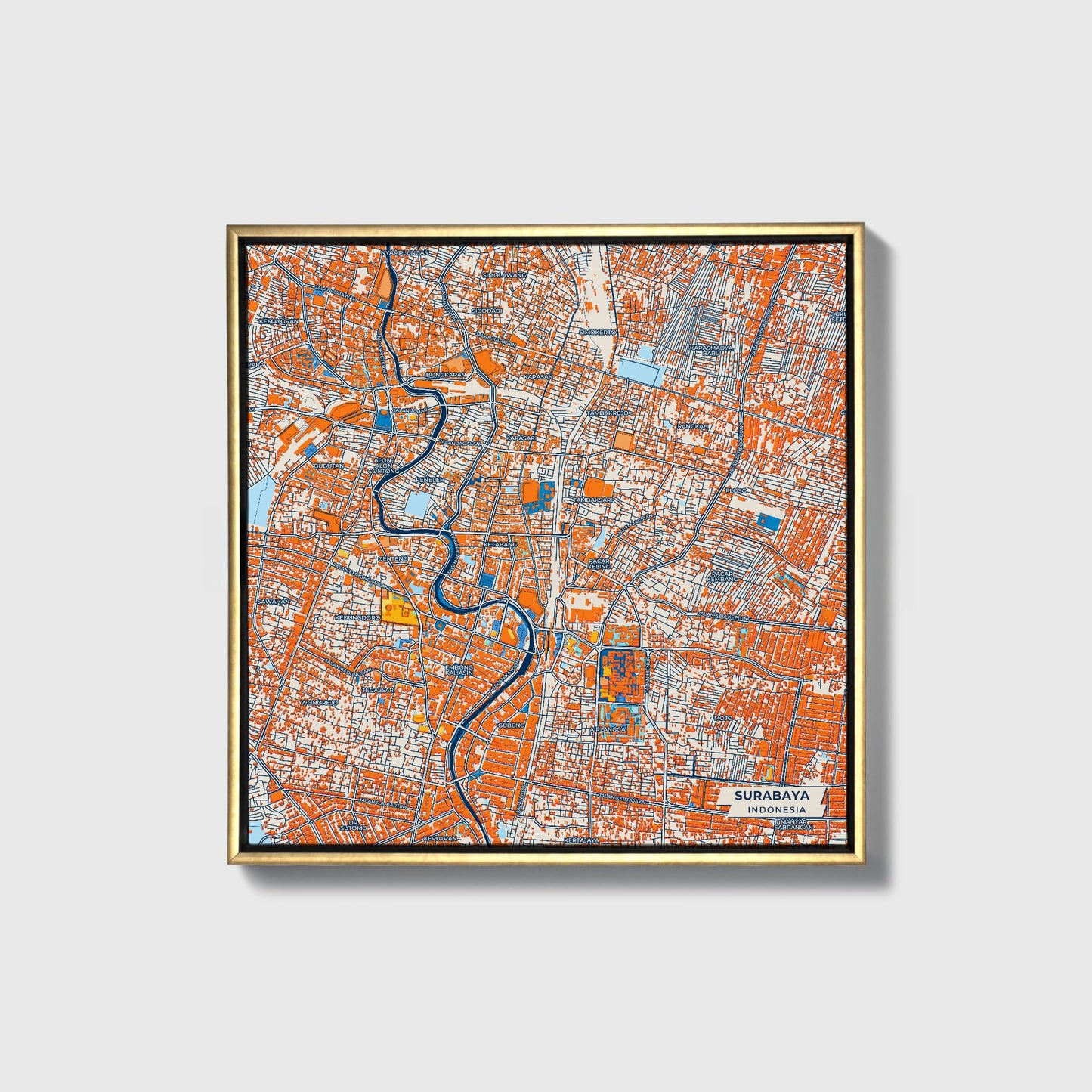 Surabaya Indonesia Colorful City Map Canvas Print • Gold Framed