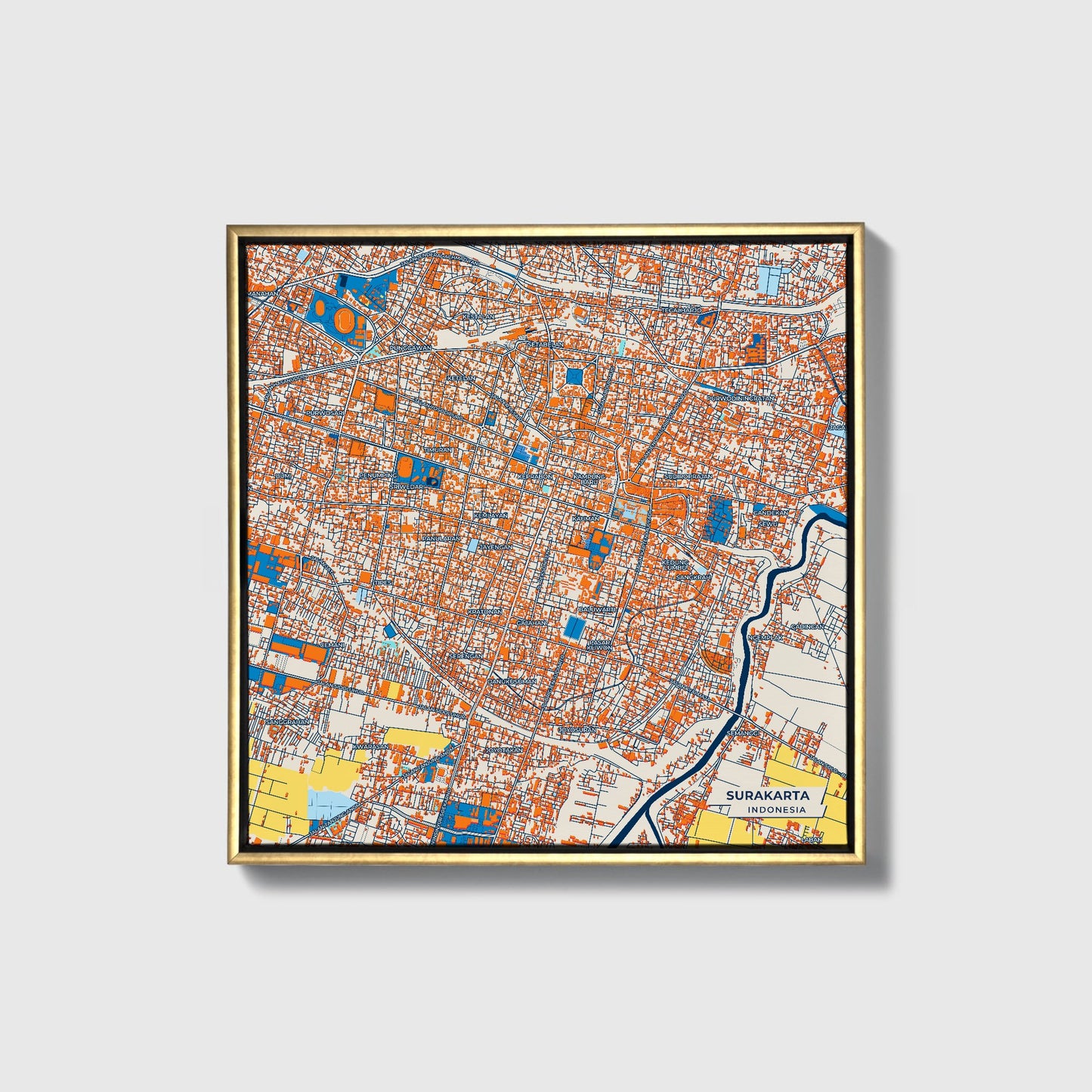 Surakarta Indonesia Colorful City Map Canvas Print • Gold Framed