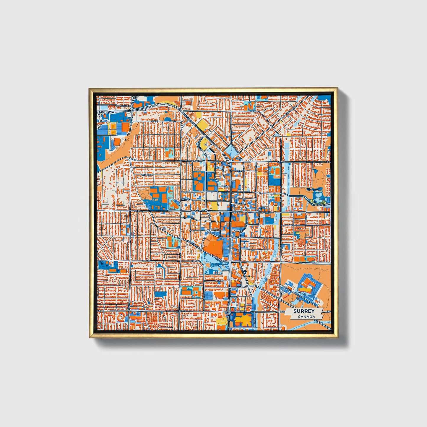 Surrey Canada Colorful City Map Canvas Print • Gold Framed