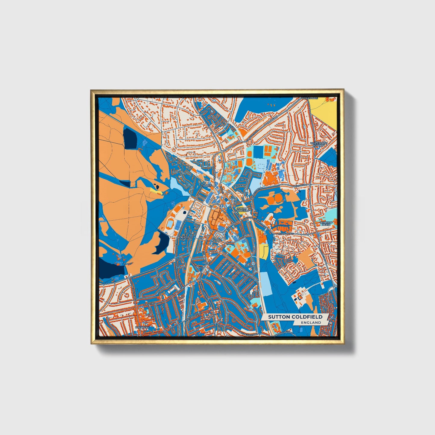 Sutton Coldfield England Colorful City Map Canvas Print • Gold Framed