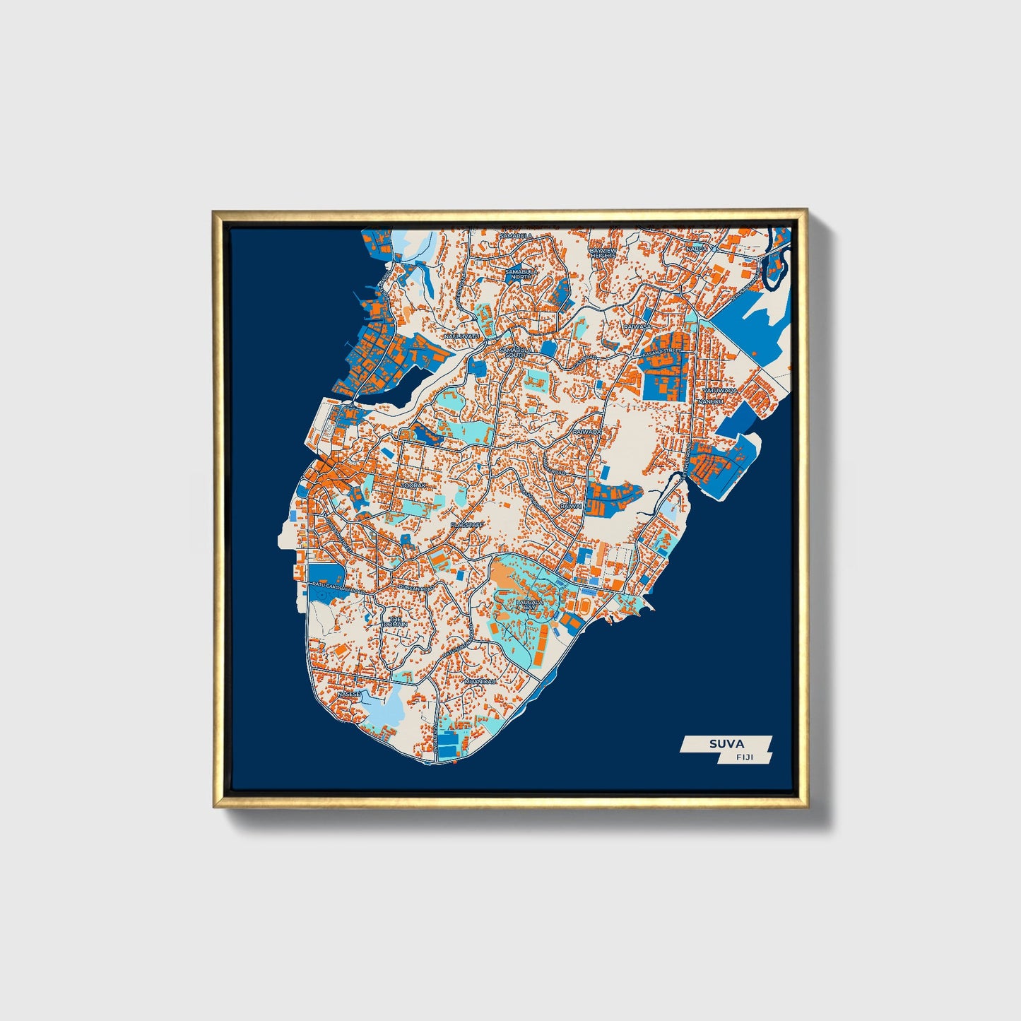 Suva Fiji Colorful City Map Canvas Print • Gold Framed