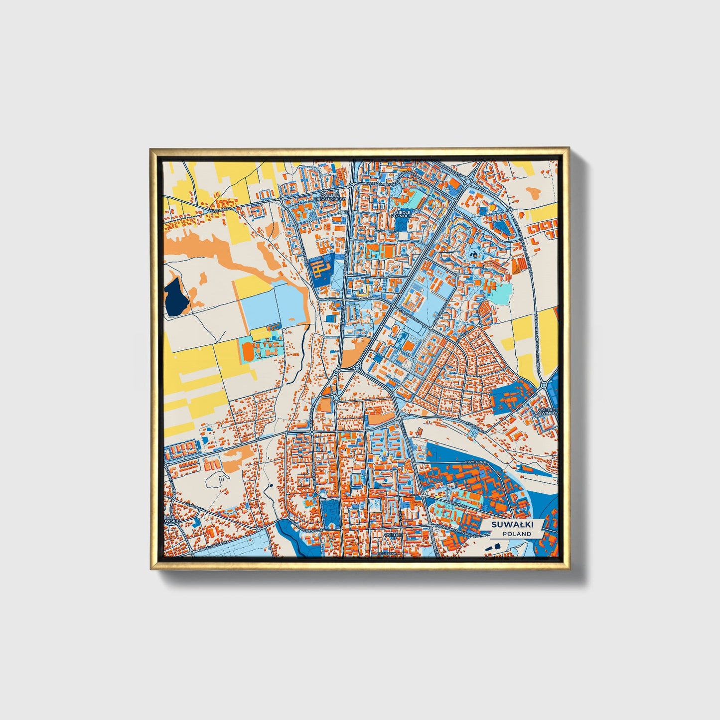 Suwałki Poland Colorful City Map Canvas Print • Gold Framed