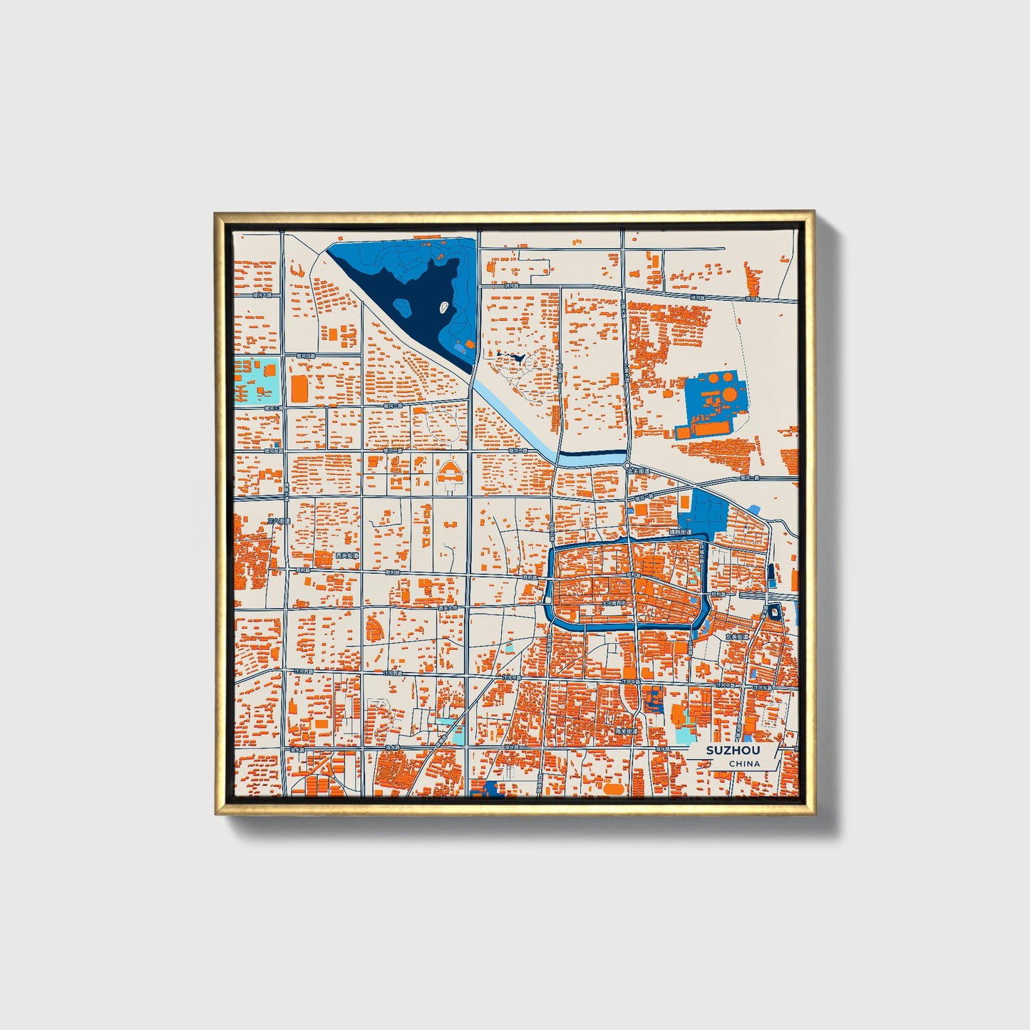 Suzhou China Colorful City Map Canvas Print • Gold Framed