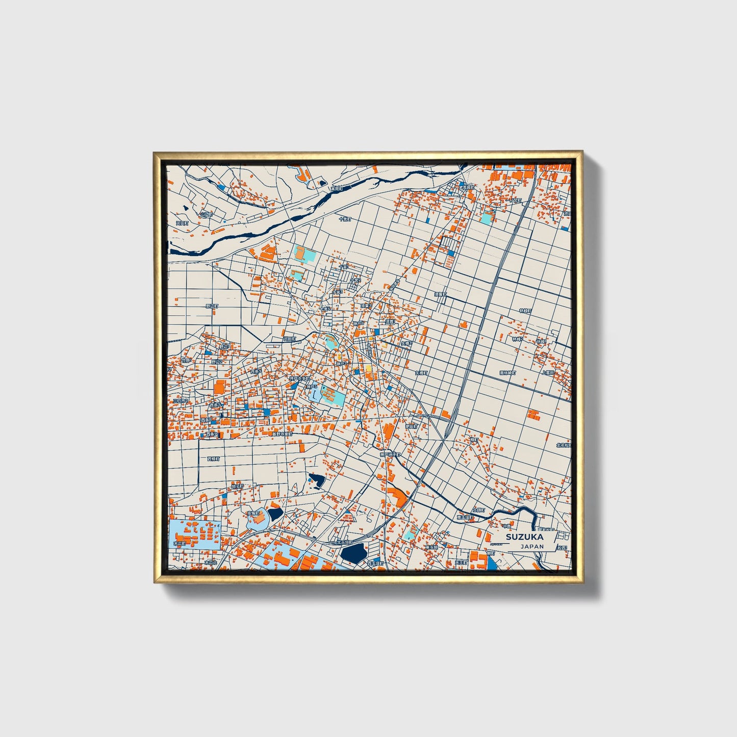 Suzuka Japan Colorful City Map Canvas Print • Gold Framed