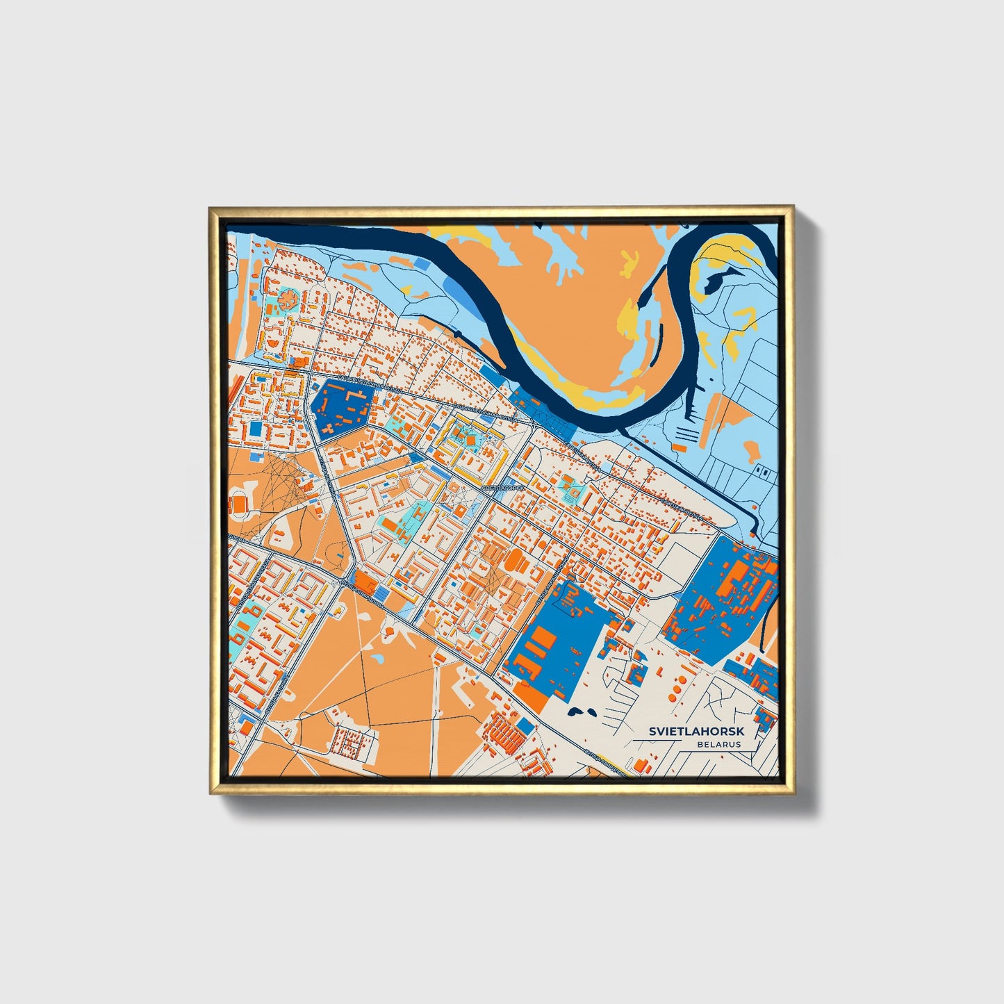 Svietlahorsk Belarus Colorful City Map Canvas Print • Gold Framed