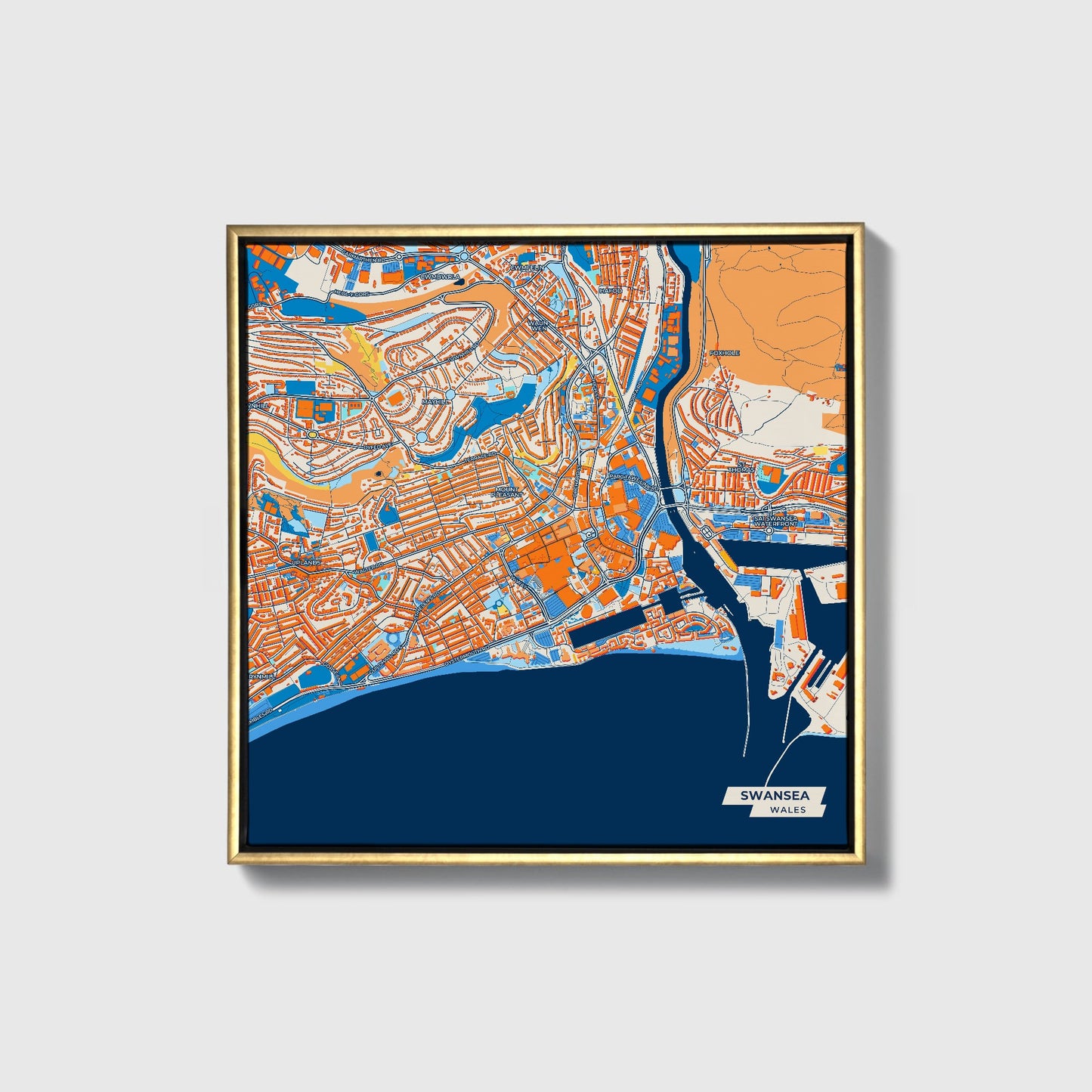 Swansea Wales Colorful City Map Canvas Print • Gold Framed