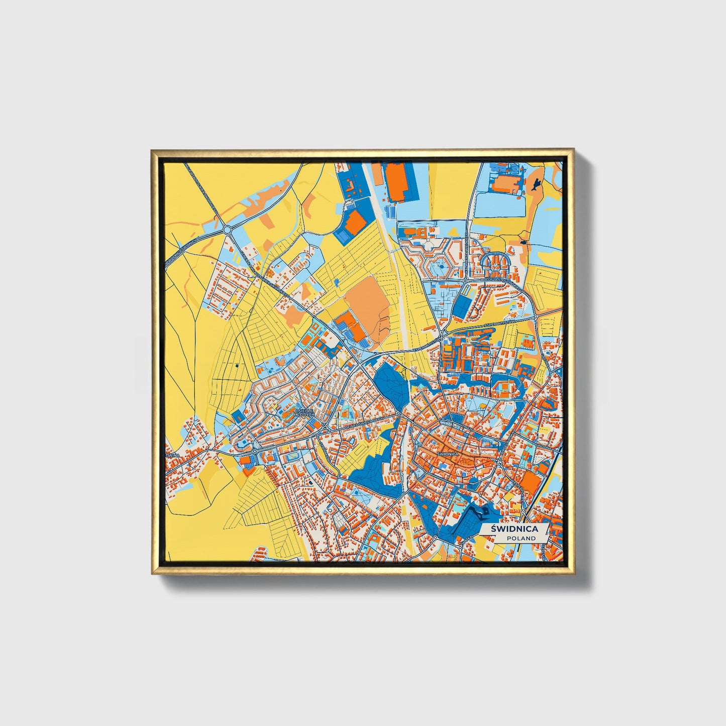 Świdnica Poland Colorful City Map Canvas Print • Gold Framed