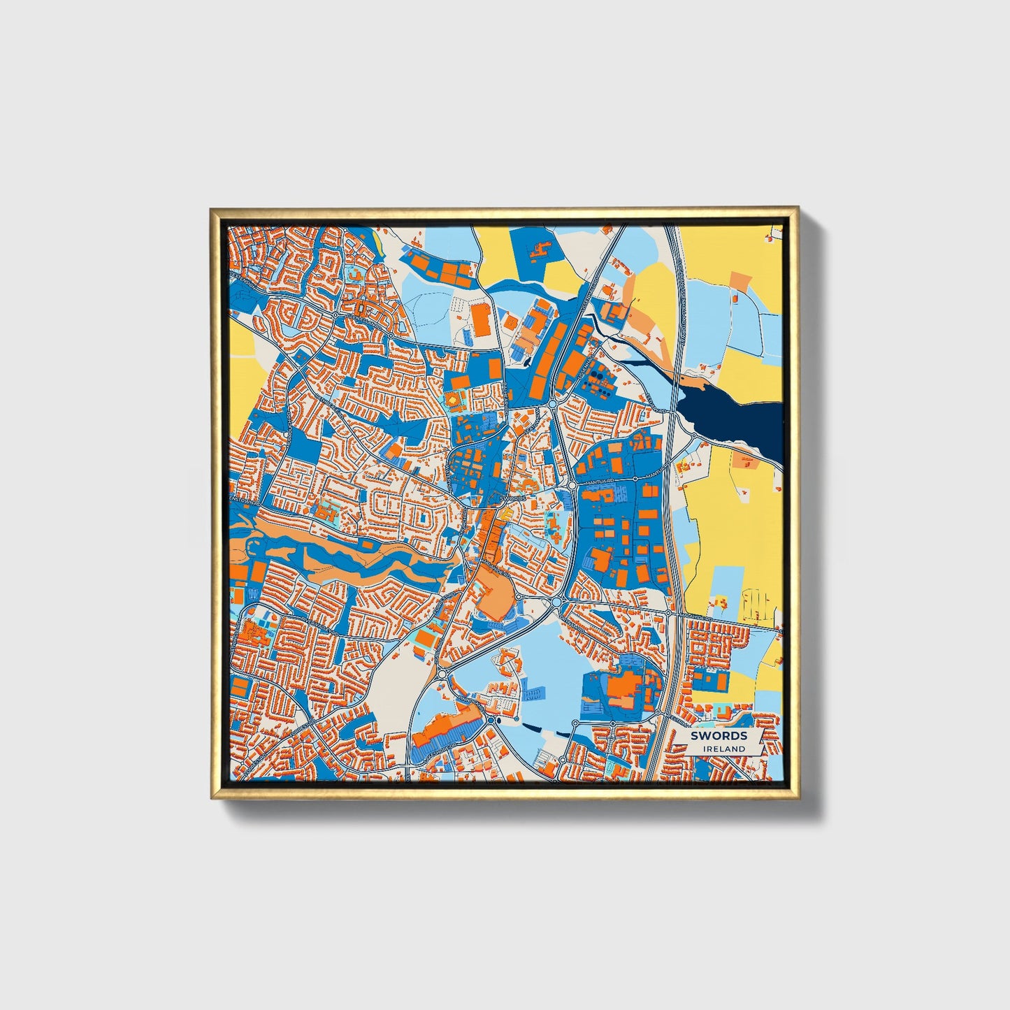 Swords Ireland Colorful City Map Canvas Print • Gold Framed