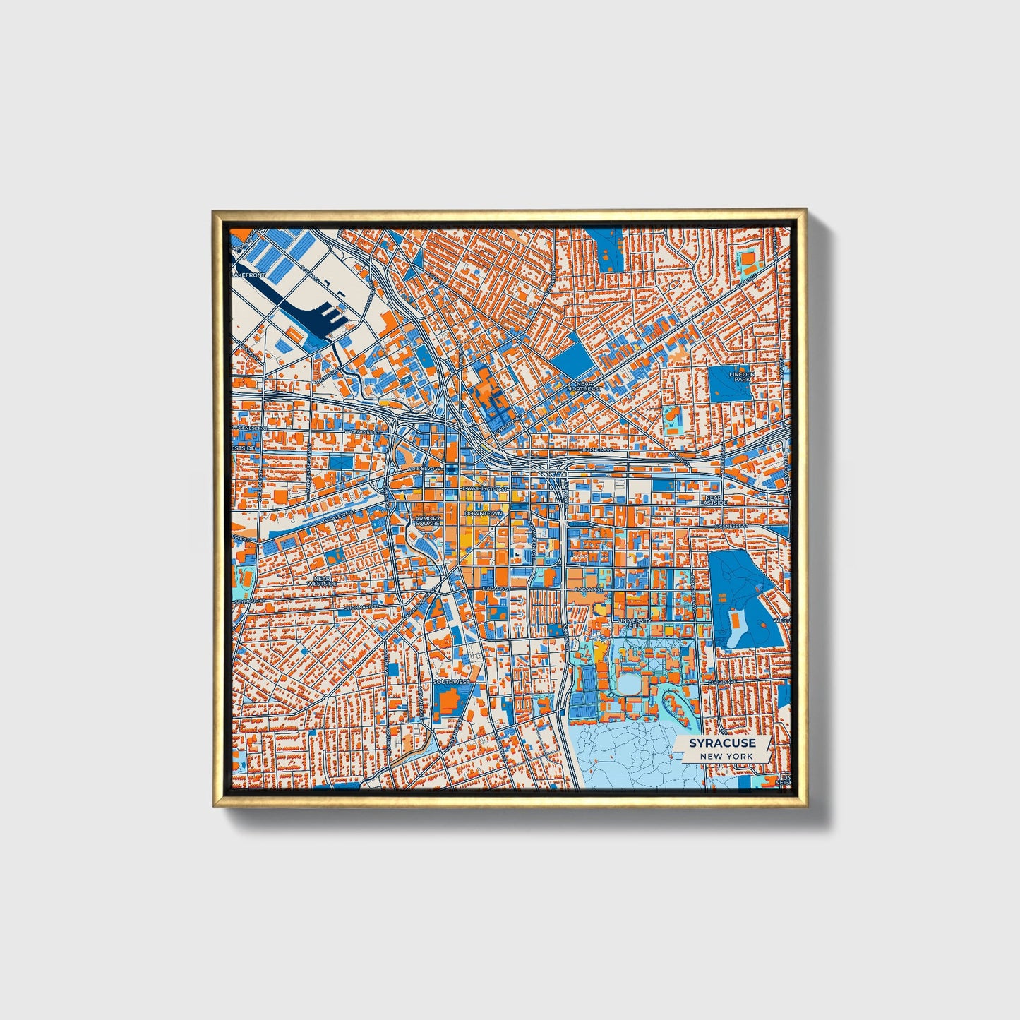 Syracuse New York Colorful City Map Canvas Print • Gold Framed