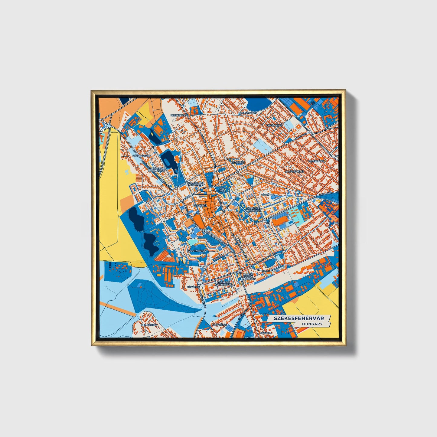 Székesfehérvár Hungary Colorful City Map Canvas Print • Gold Framed