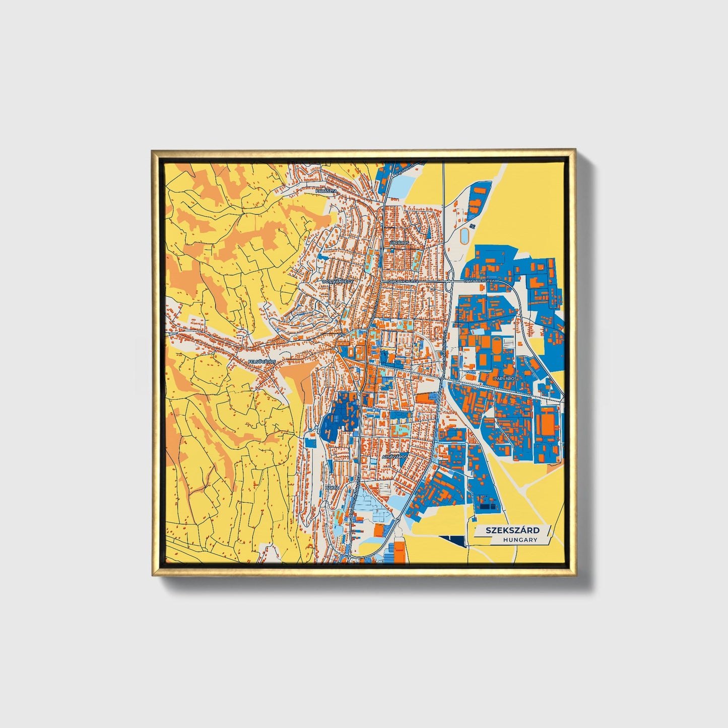 Szekszárd Hungary Colorful City Map Canvas Print • Gold Framed