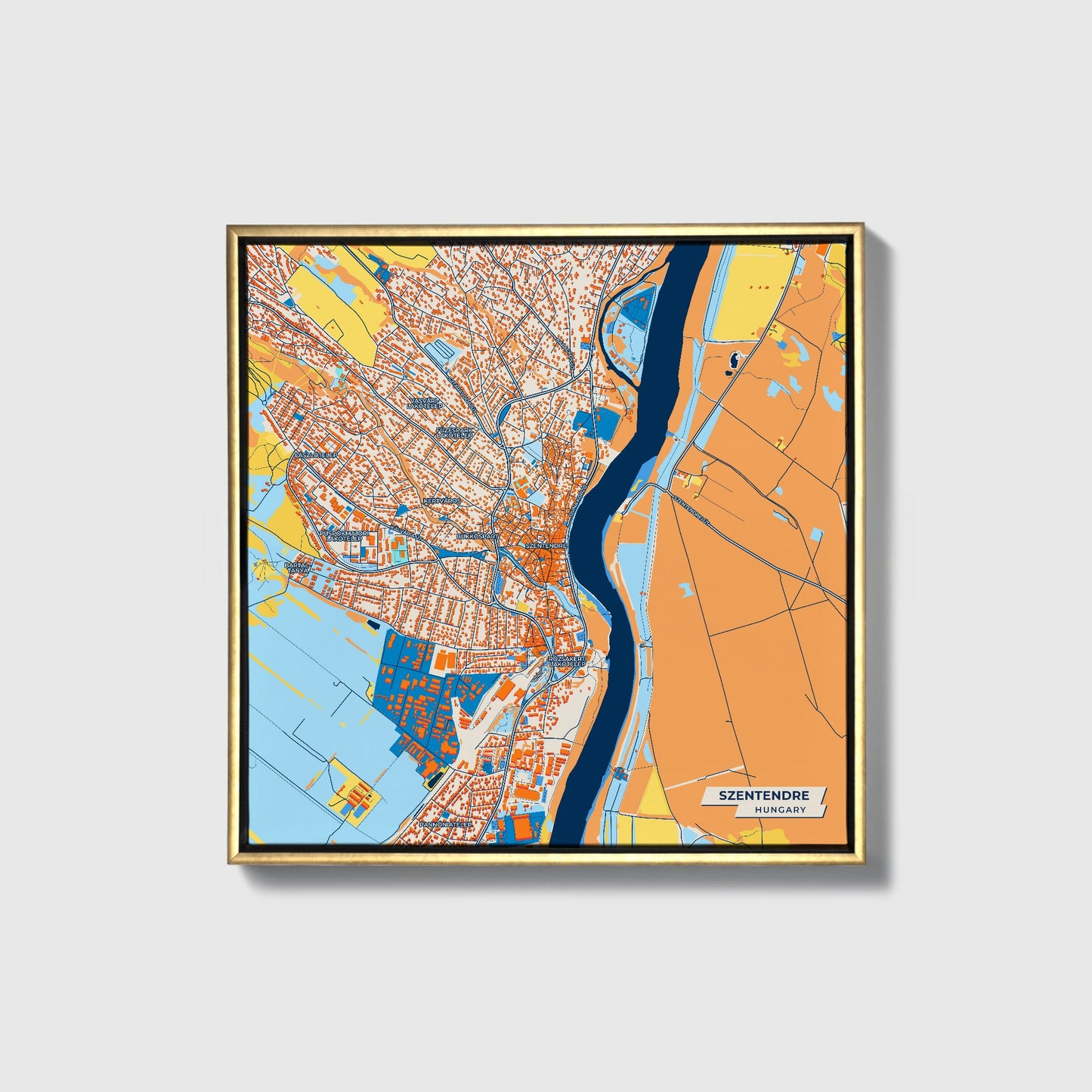 Szentendre Hungary Colorful City Map Canvas Print • Gold Framed