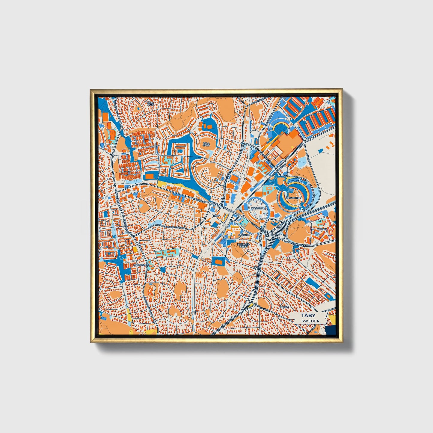 Täby Sweden Colorful City Map Canvas Print • Gold Framed