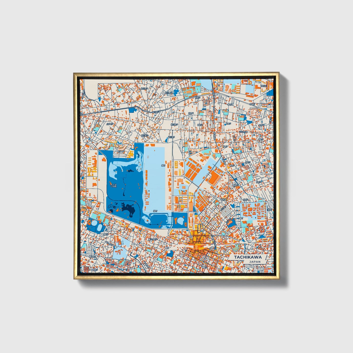 Tachikawa Japan Colorful City Map Canvas Print • Gold Framed