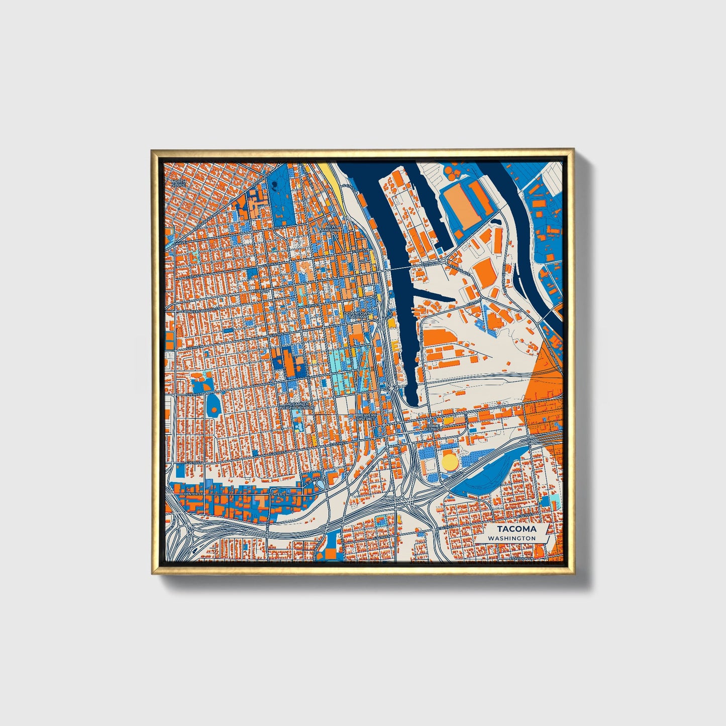 Tacoma Washington Colorful City Map Canvas Print • Gold Framed