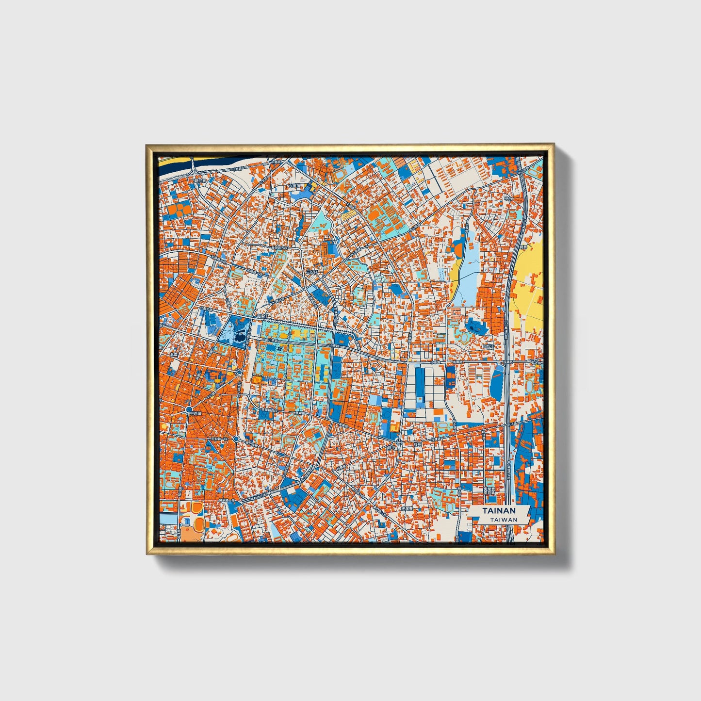Tainan Taiwan Colorful City Map Canvas Print • Gold Framed