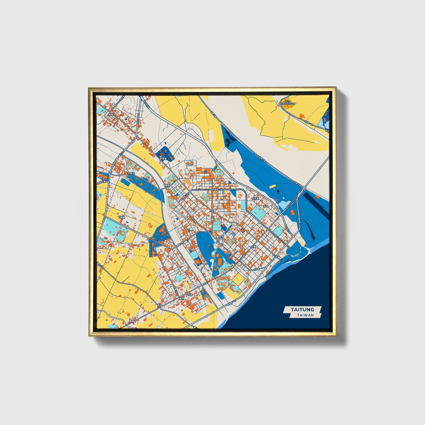 Taitung Taiwan Colorful City Map Canvas Print • Gold Framed