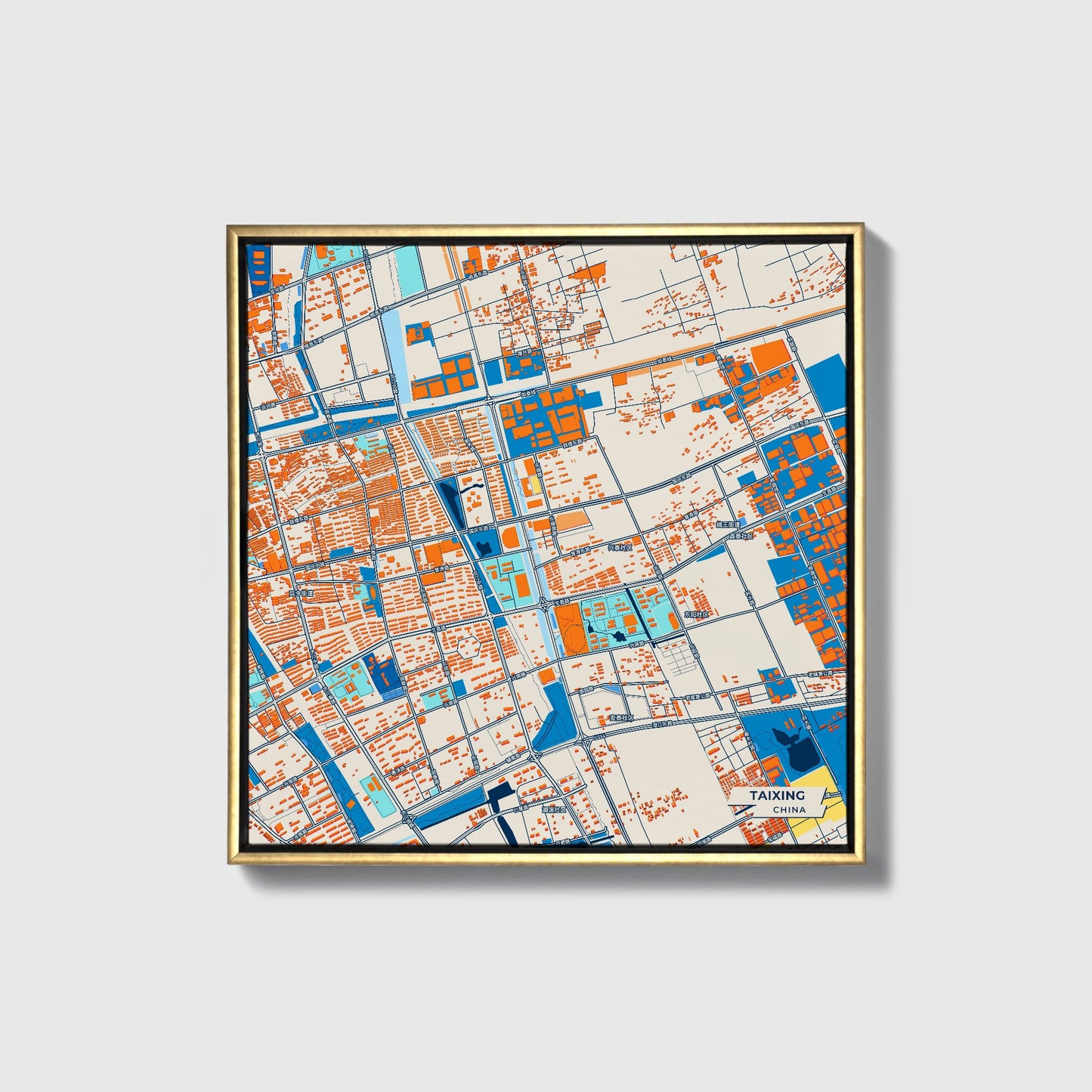 Taixing China Colorful City Map Canvas Print • Gold Framed
