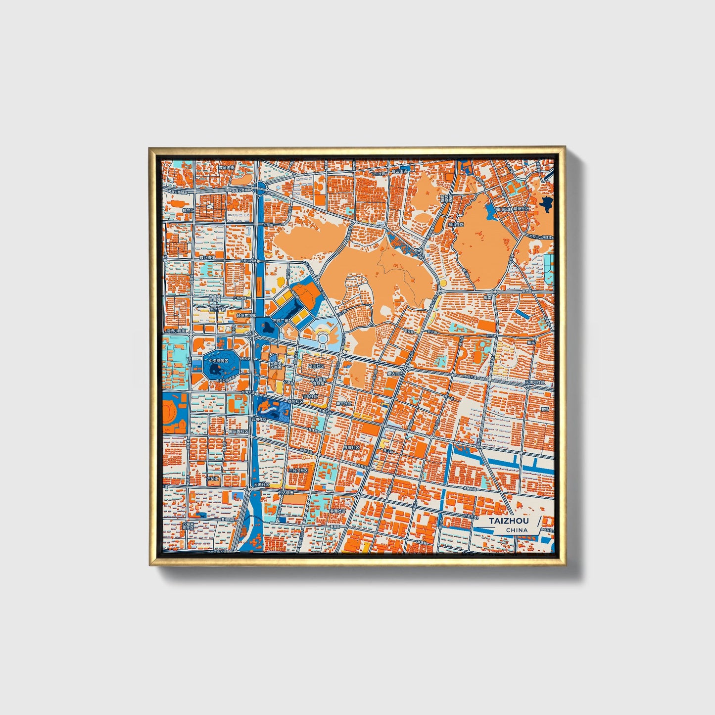 Taizhou China Colorful City Map Canvas Print • Gold Framed