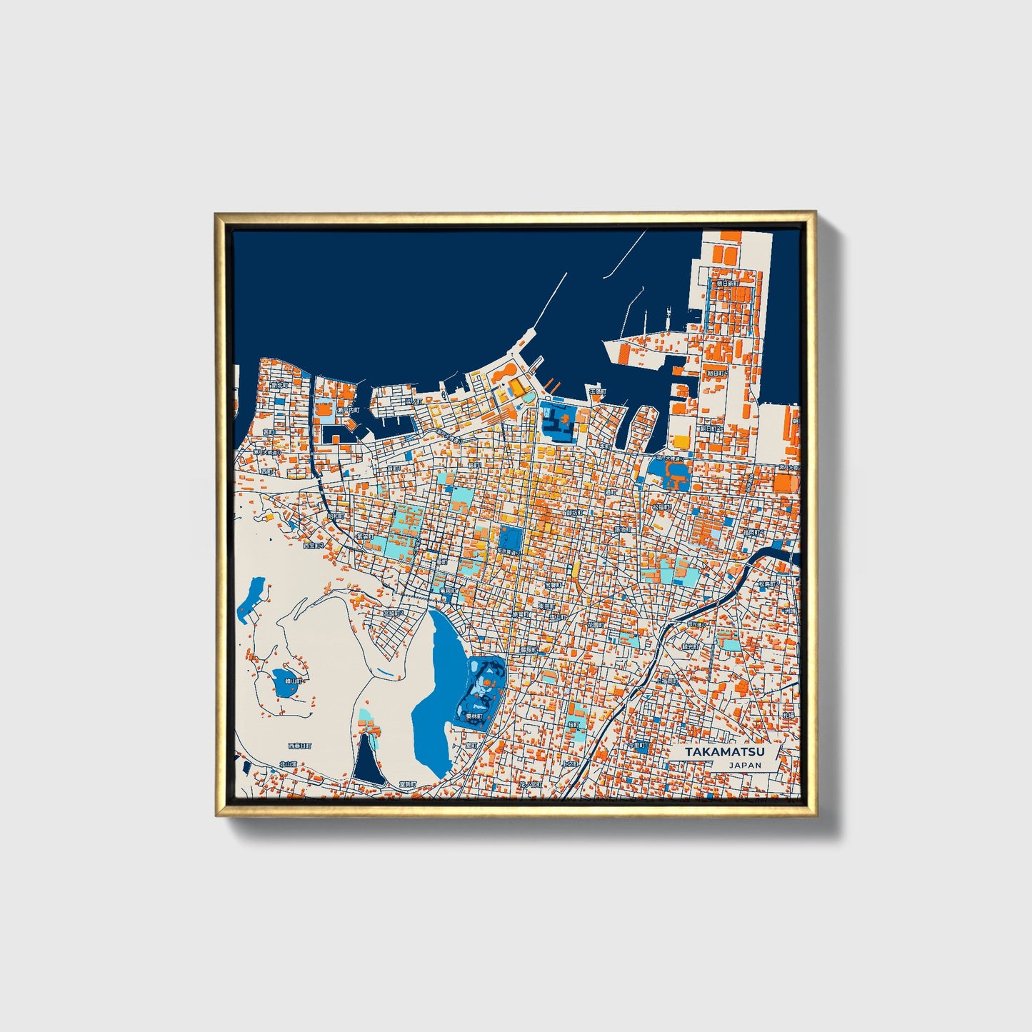 Takamatsu Japan Colorful City Map Canvas Print • Gold Framed