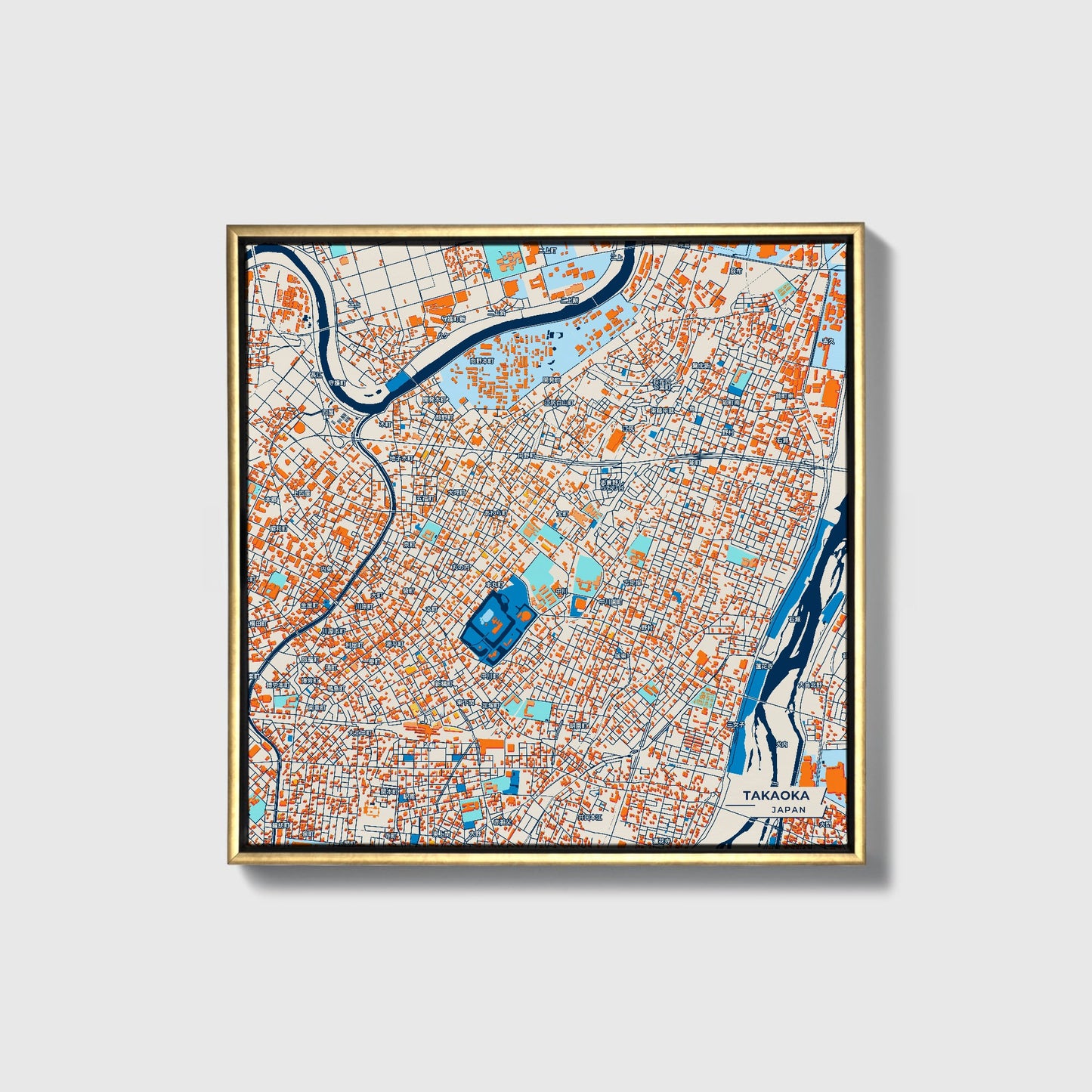 Takaoka Japan Colorful City Map Canvas Print • Gold Framed