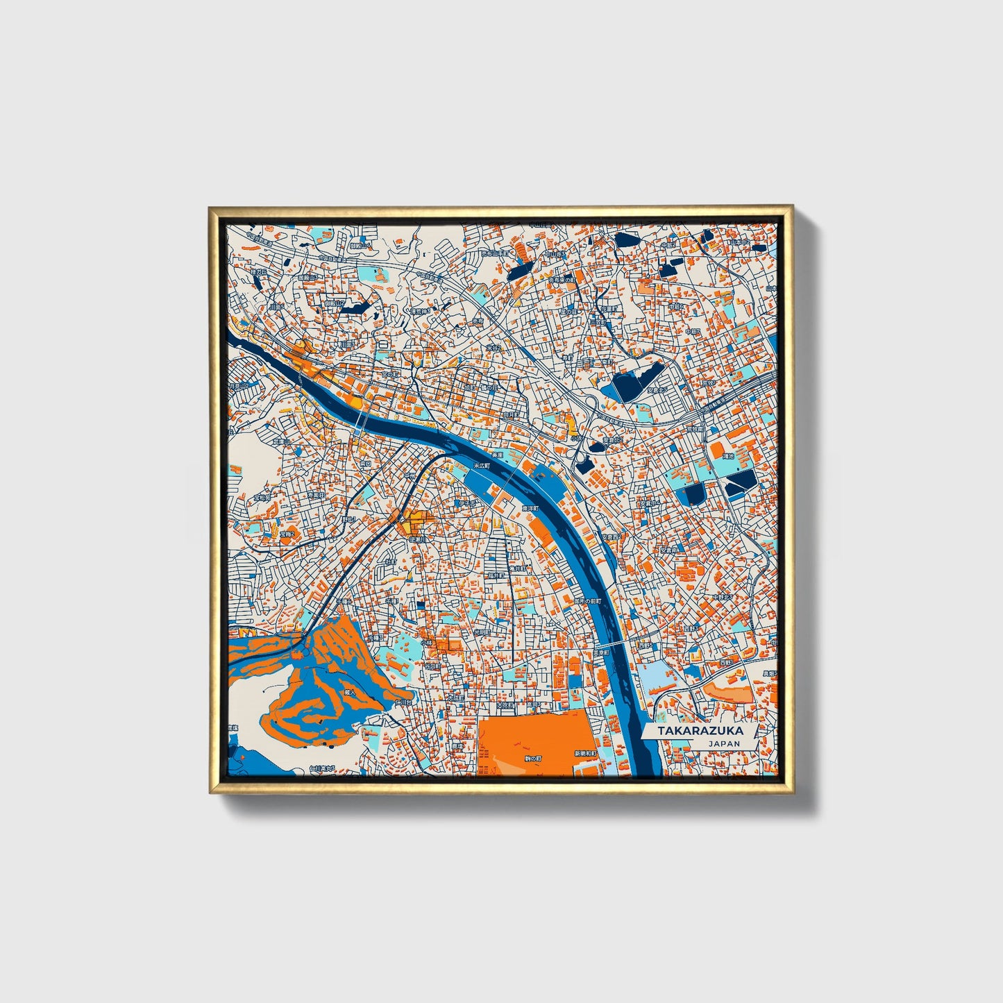 Takarazuka Japan Colorful City Map Canvas Print • Gold Framed