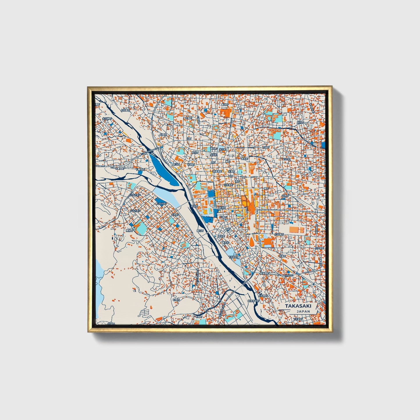 Takasaki Japan Colorful City Map Canvas Print • Gold Framed