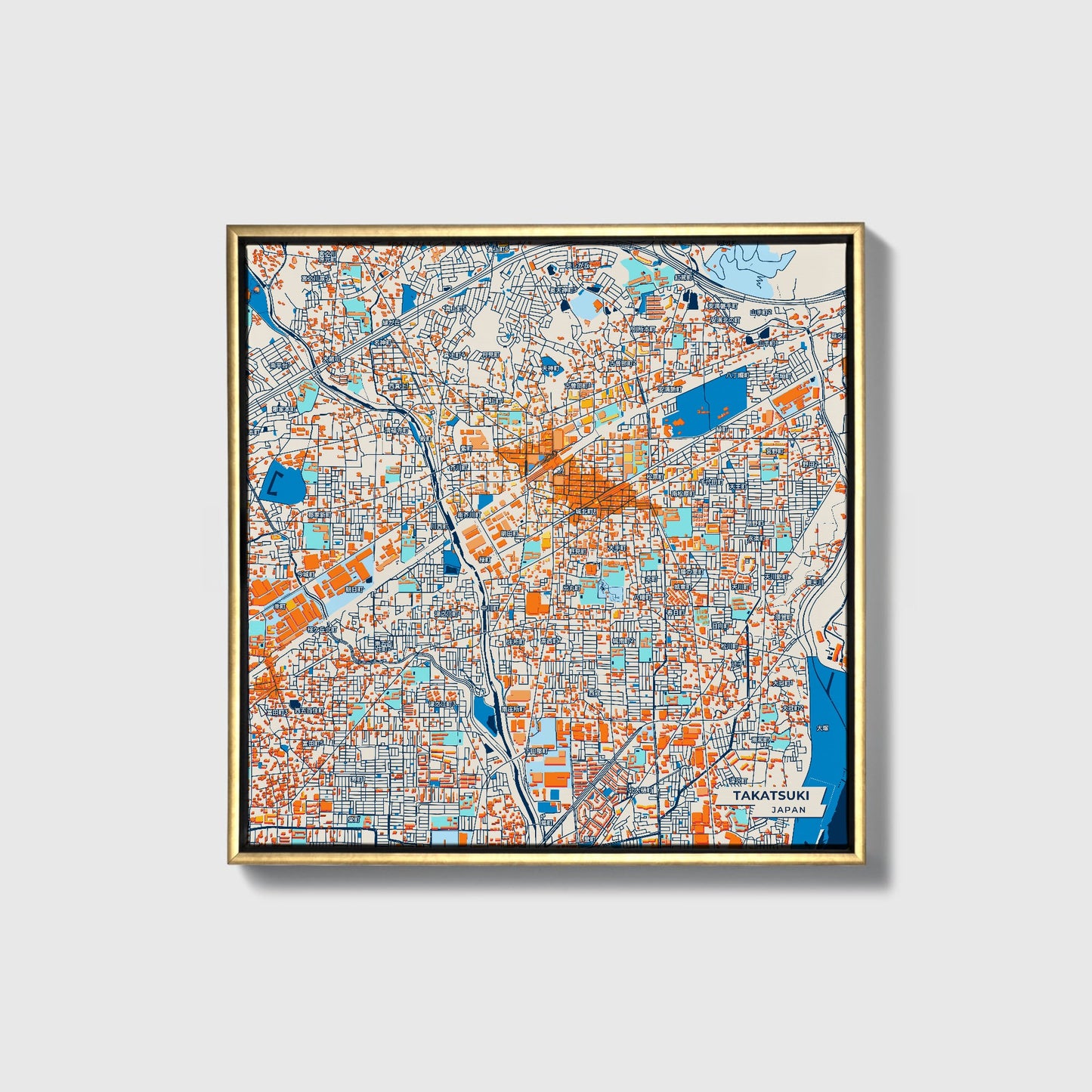 Takatsuki Japan Colorful City Map Canvas Print • Gold Framed