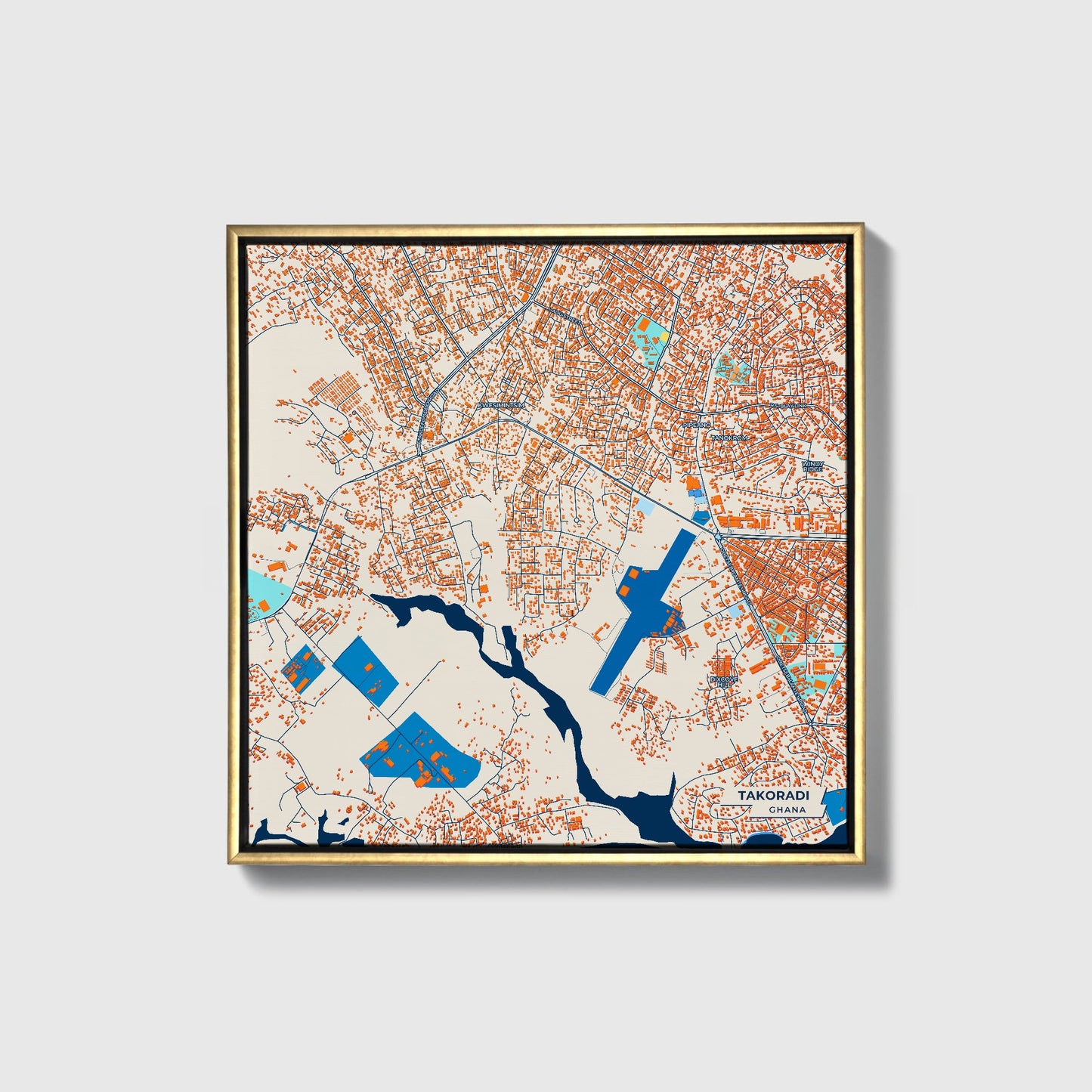 Takoradi Ghana Colorful City Map Canvas Print • Gold Framed