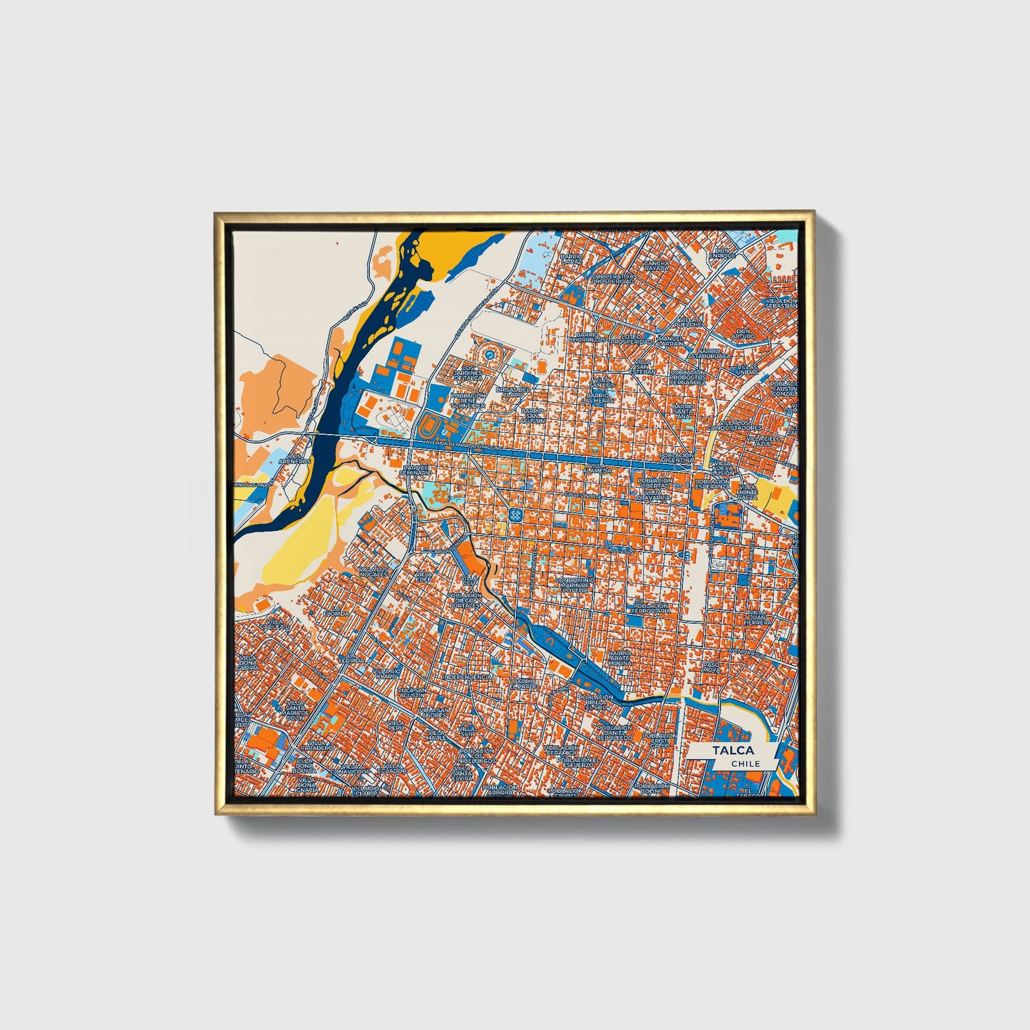 Talca Chile Colorful City Map Canvas Print • Gold Framed