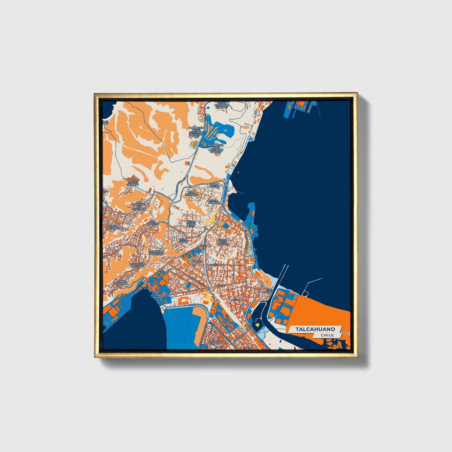 Talcahuano Chile Colorful City Map Canvas Print • Gold Framed