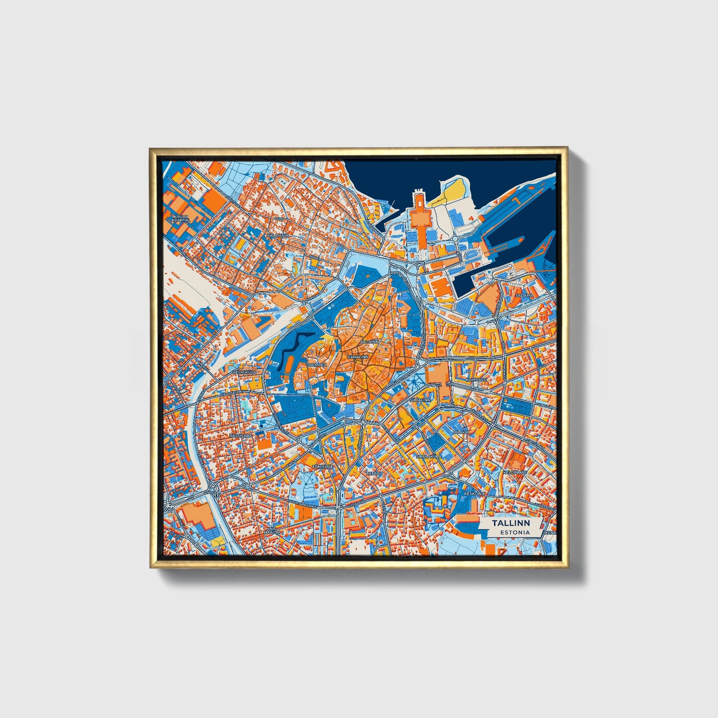 Tallinn Estonia Colorful City Map Canvas Print • Gold Framed