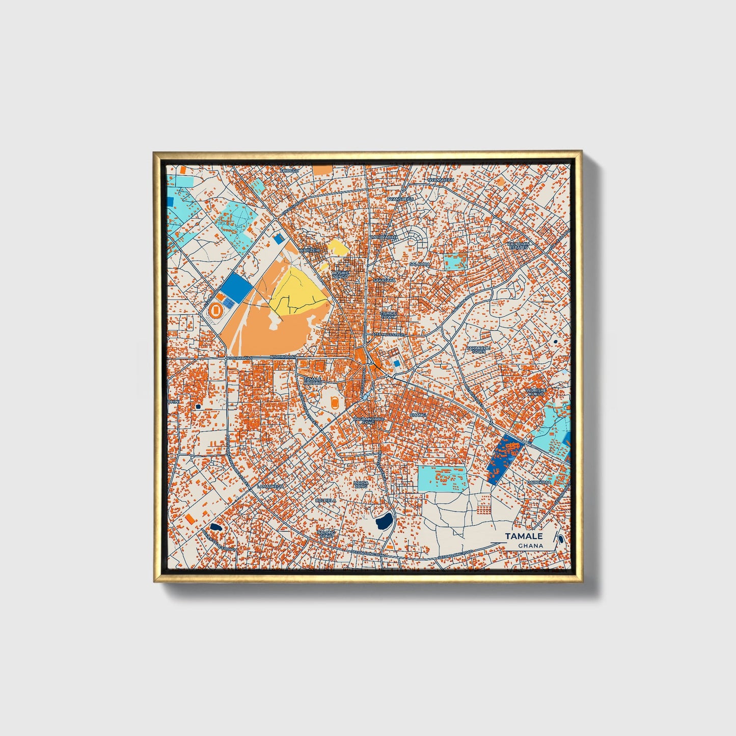 Tamale Ghana Colorful City Map Canvas Print • Gold Framed