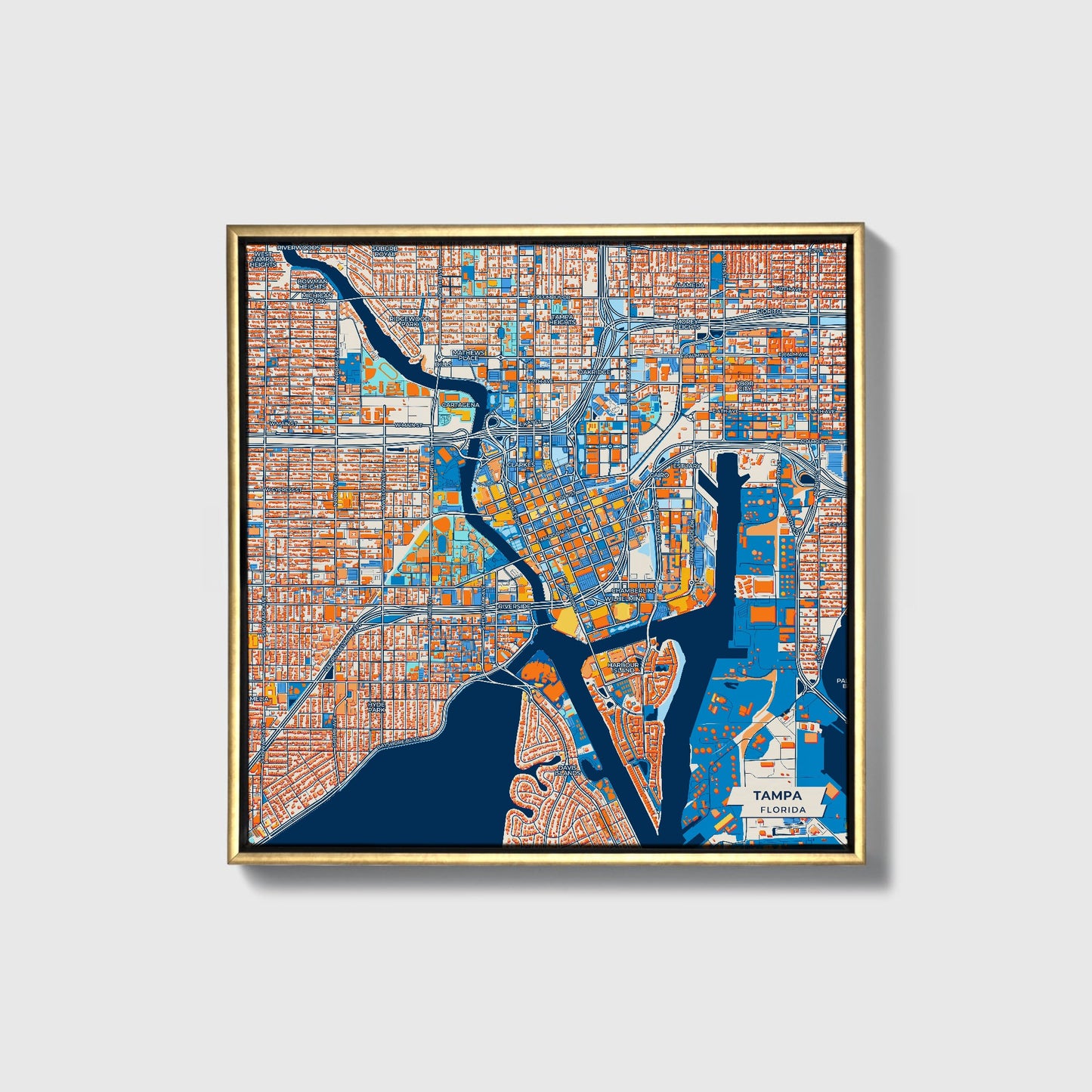 Tampa Florida Colorful City Map Canvas Print • Gold Framed