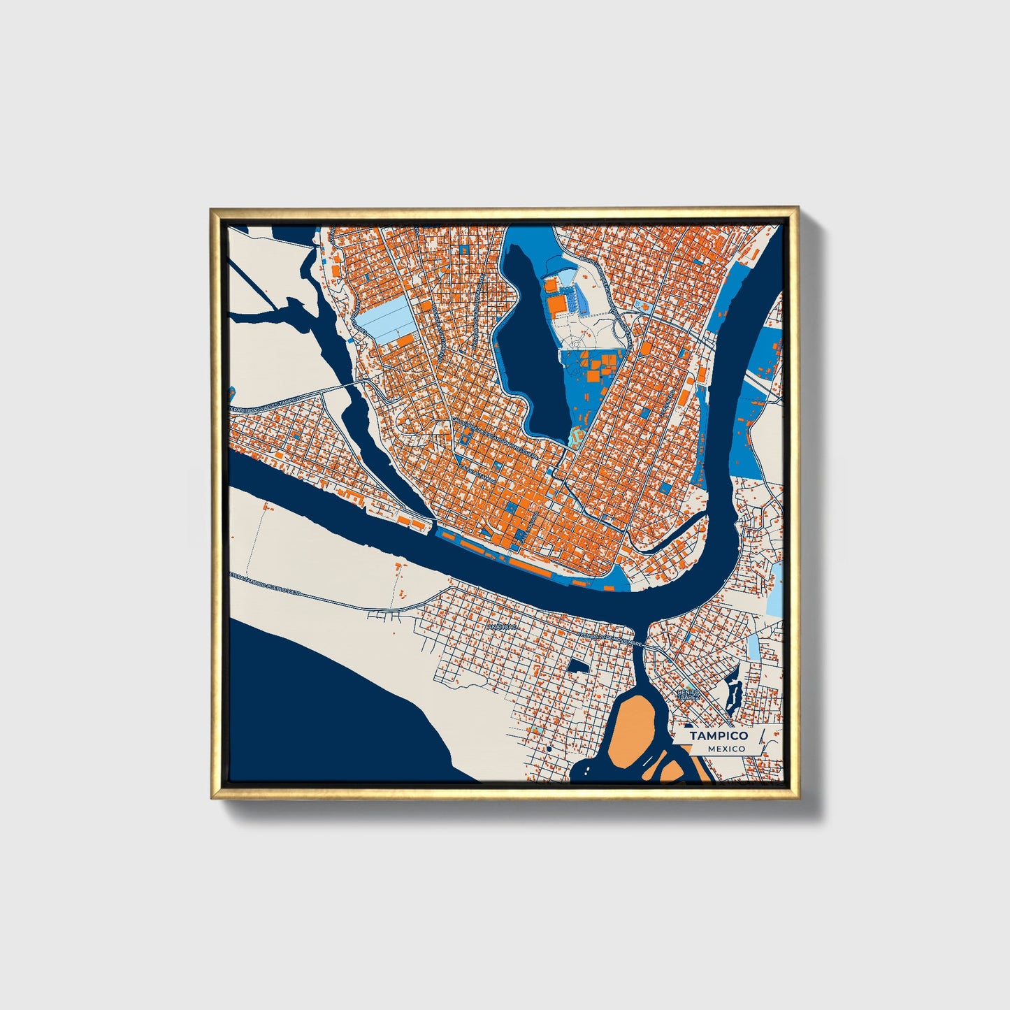Tampico Mexico Colorful City Map Canvas Print • Gold Framed