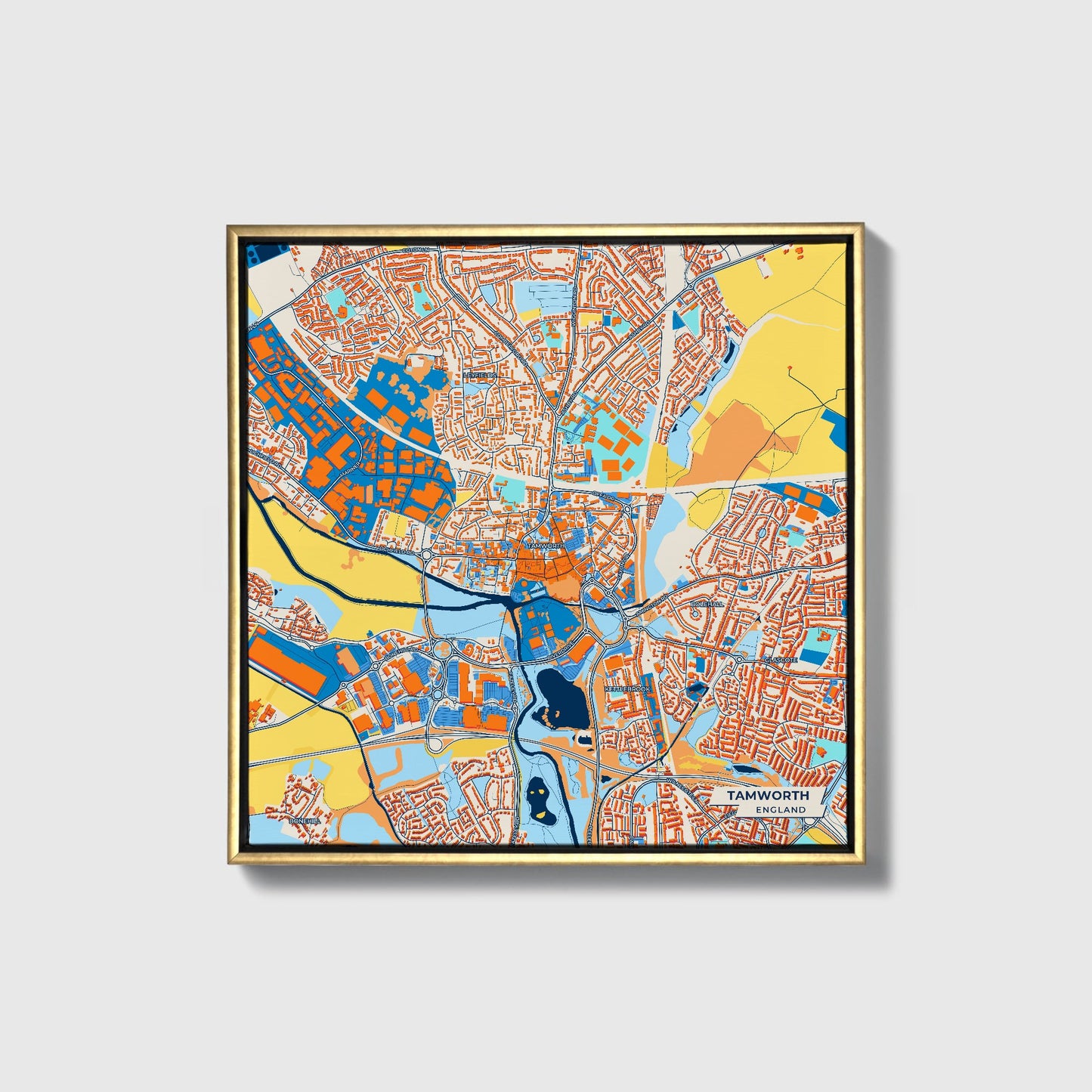 Tamworth England Colorful City Map Canvas Print • Gold Framed