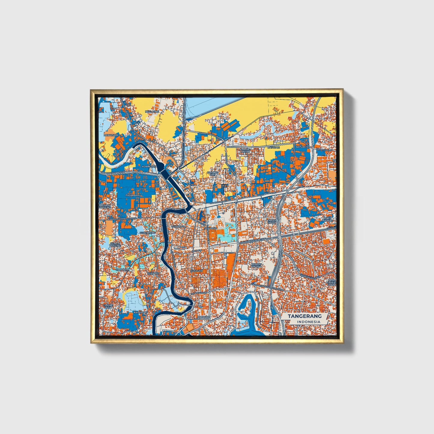 Tangerang Indonesia Colorful City Map Canvas Print • Gold Framed