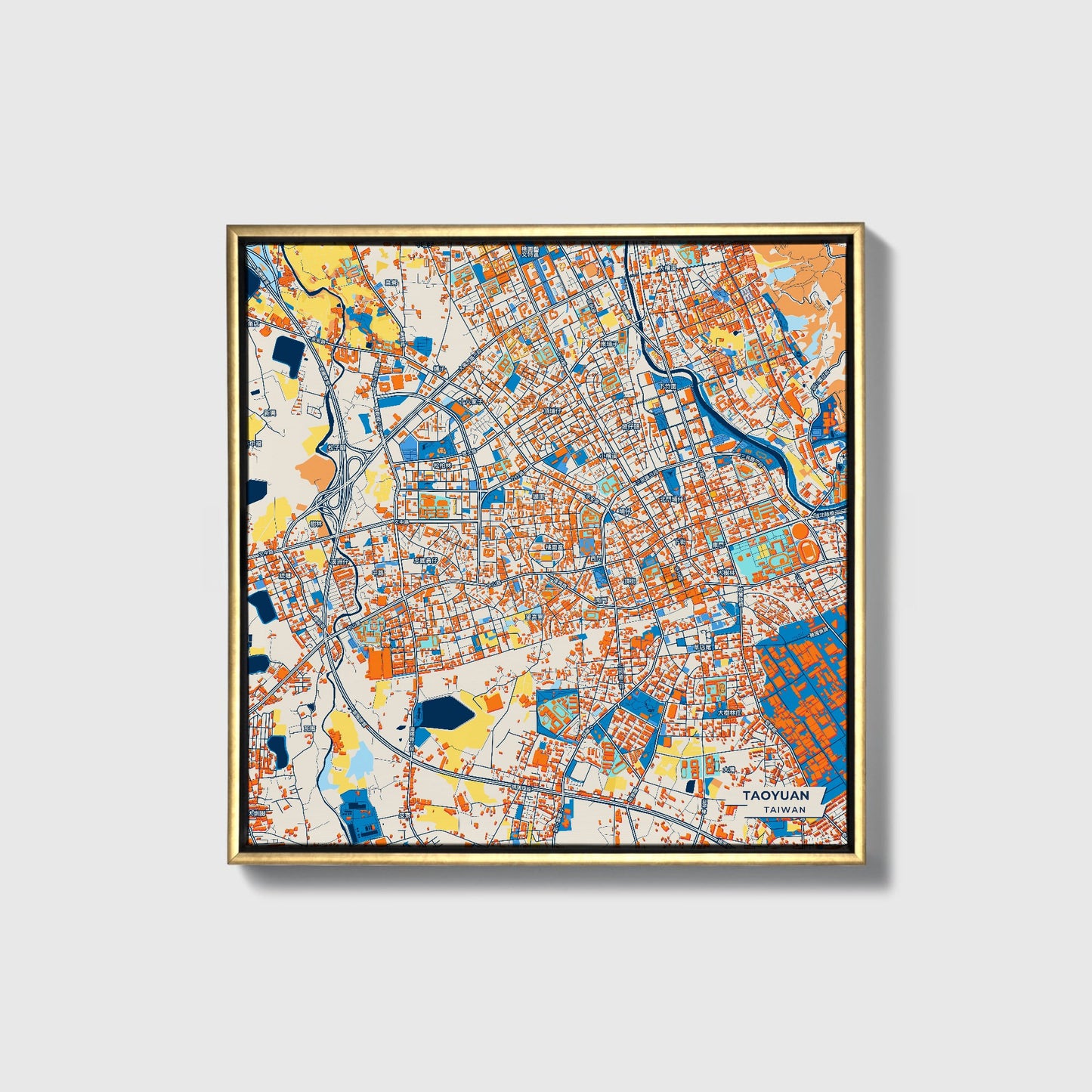 Taoyuan Taiwan Colorful City Map Canvas Print • Gold Framed