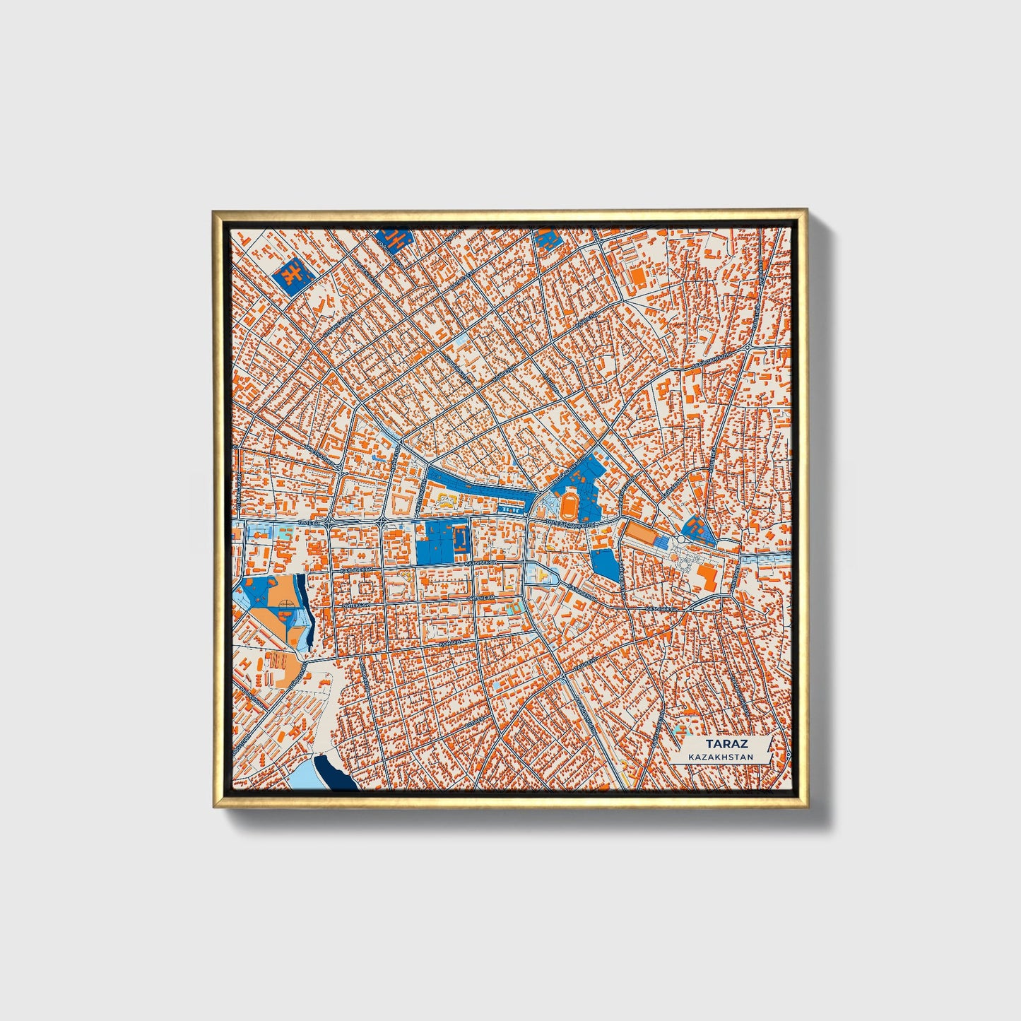 Taraz Kazakhstan Colorful City Map Canvas Print • Gold Framed