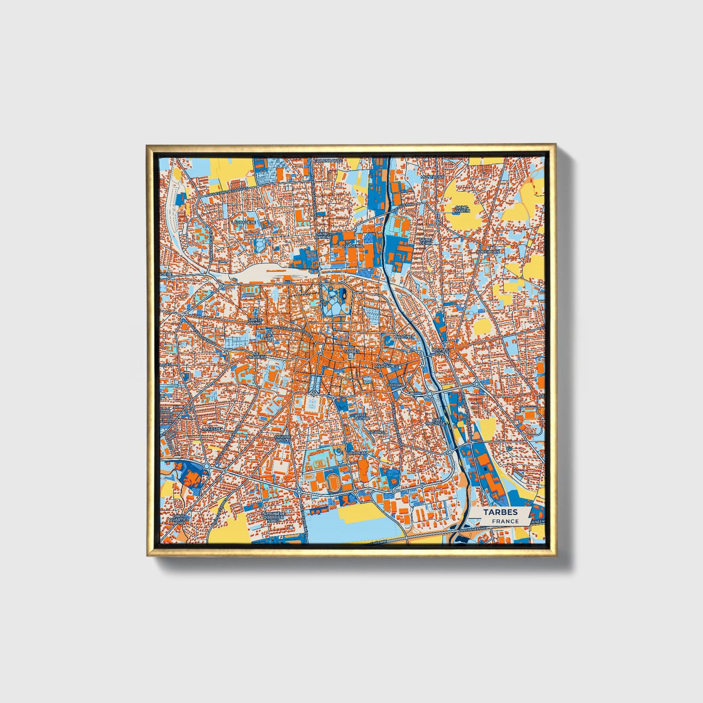 Tarbes France Colorful City Map Canvas Print • Gold Framed