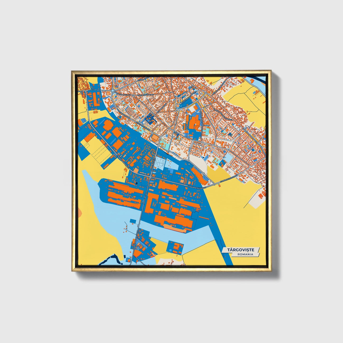 Târgoviște Romania Colorful City Map Canvas Print • Gold Framed