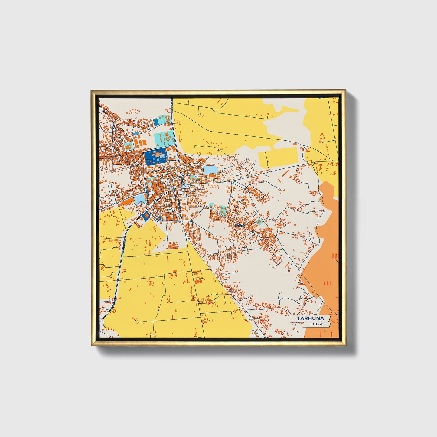 Tarhuna Libya Colorful City Map Canvas Print • Gold Framed
