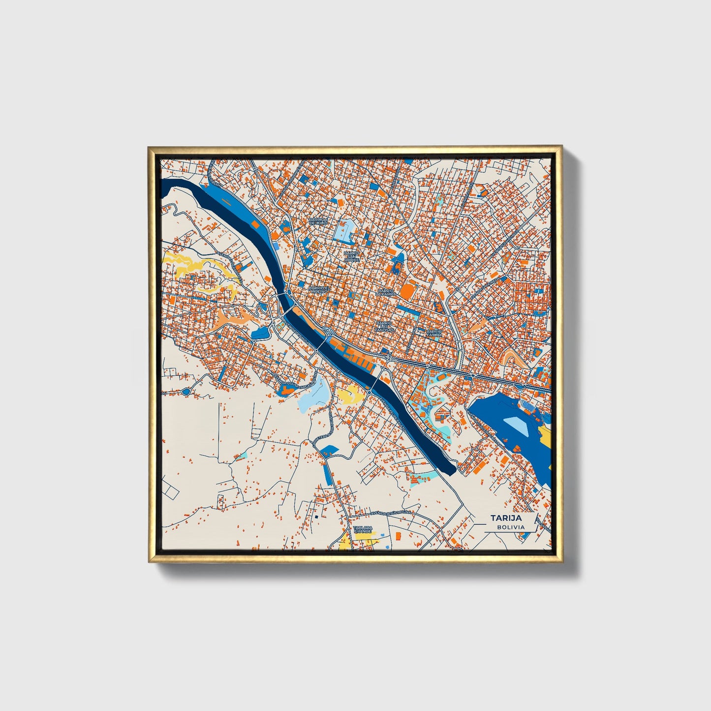 Tarija Bolivia Colorful City Map Canvas Print • Gold Framed