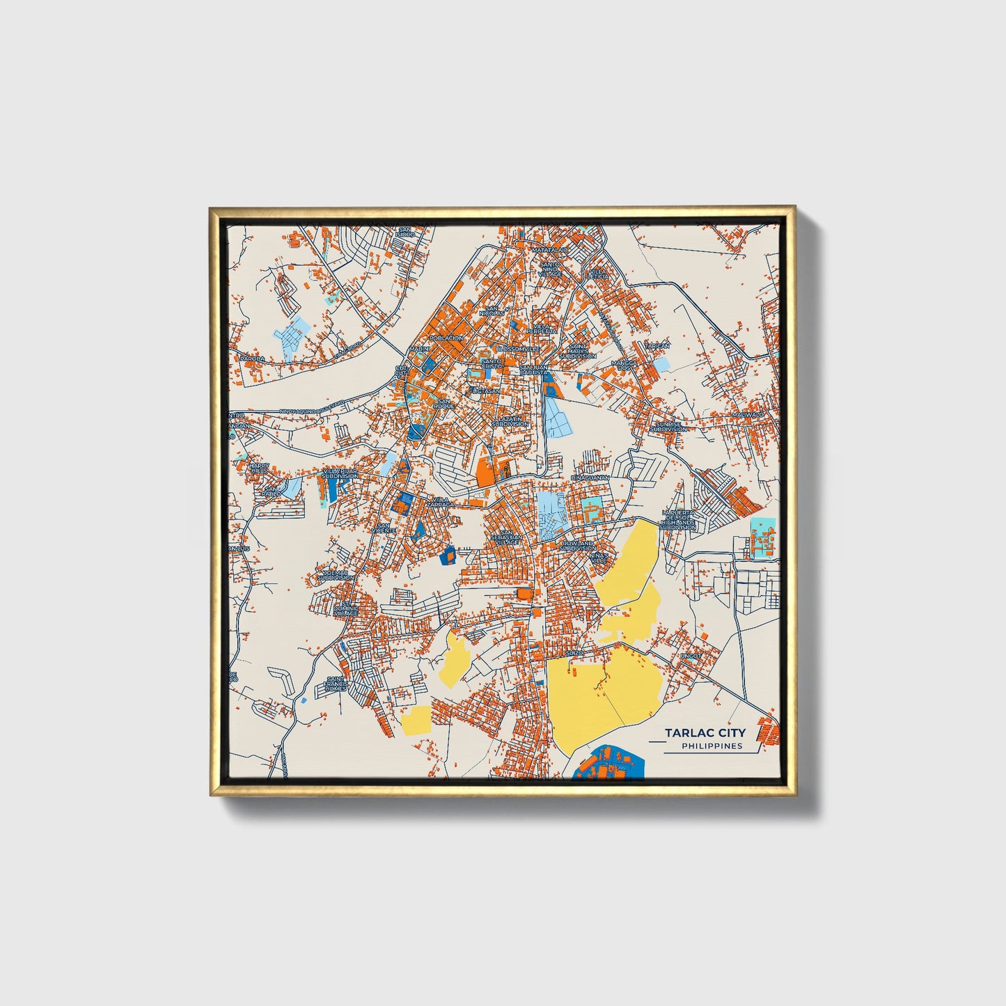Tarlac City Philippines Colorful City Map Canvas Print • Gold Framed