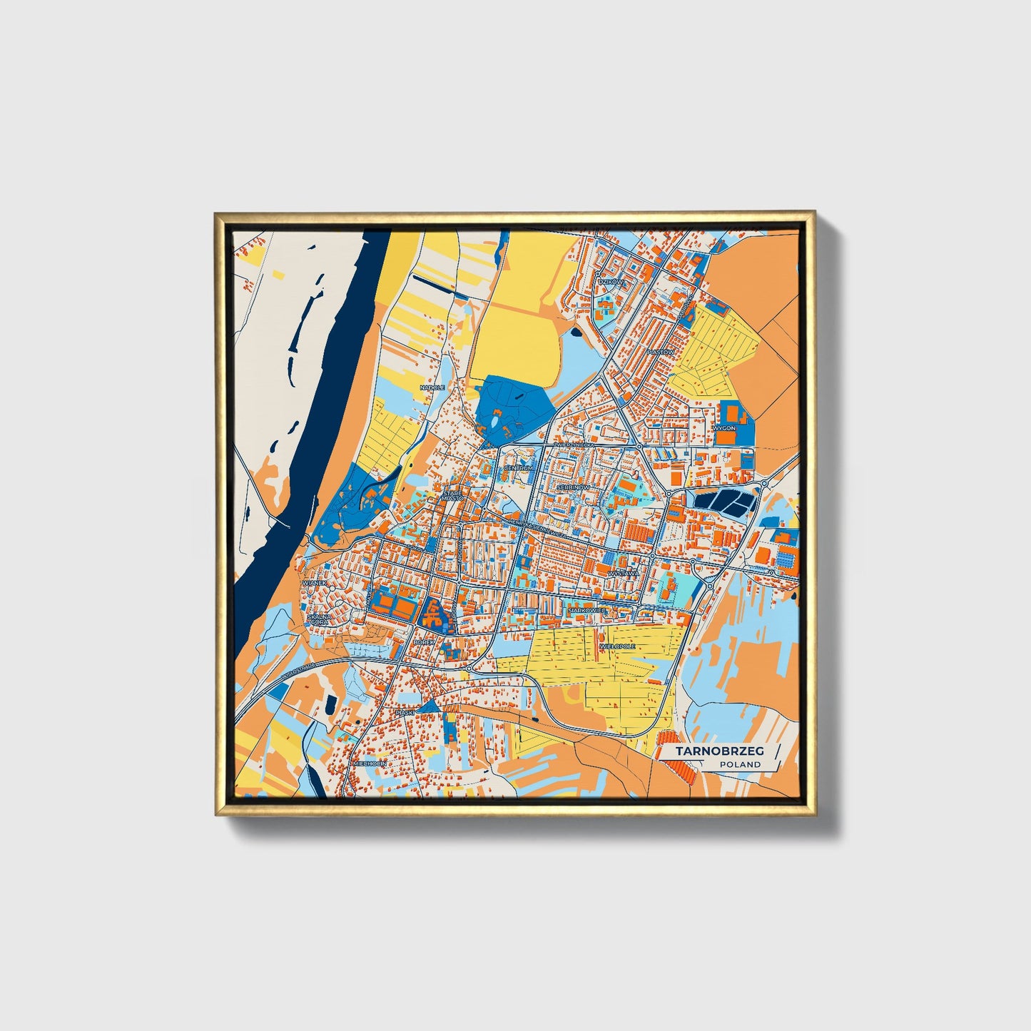 Tarnobrzeg Poland Colorful City Map Canvas Print • Gold Framed