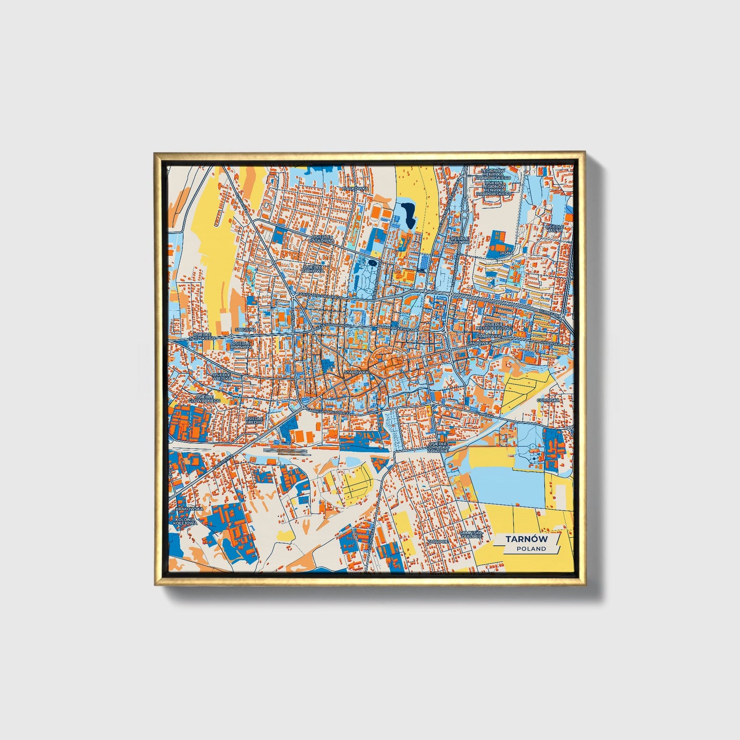 Tarnów Poland Colorful City Map Canvas Print • Gold Framed