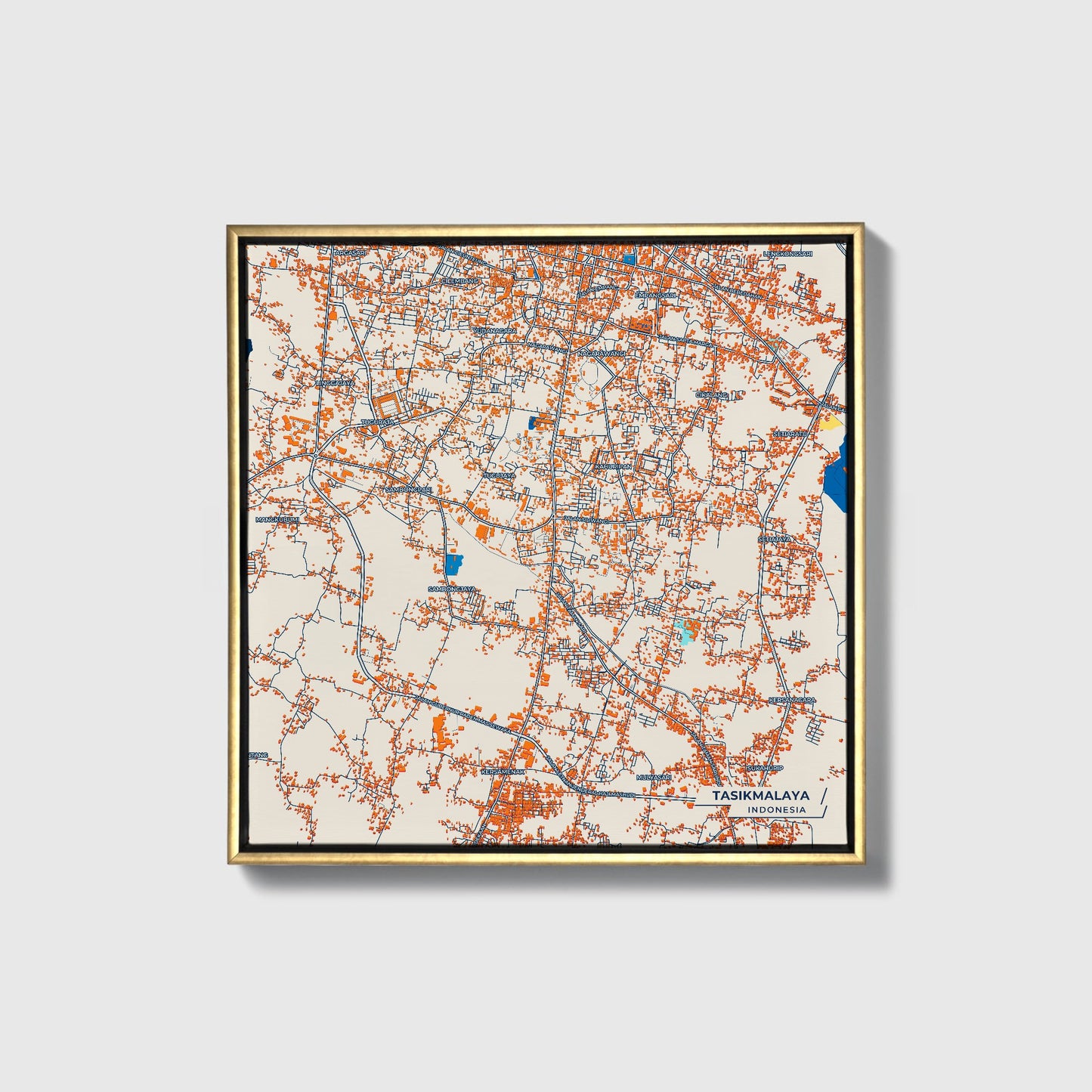 Tasikmalaya Indonesia Colorful City Map Canvas Print • Gold Framed