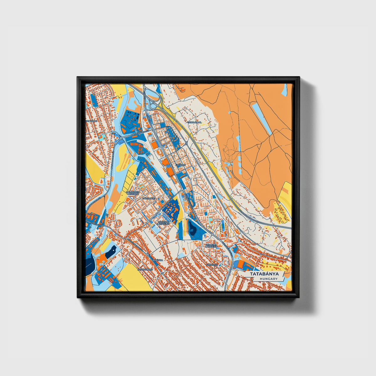 Tatabánya Hungary Colorful City Map Canvas Print • Black Framed