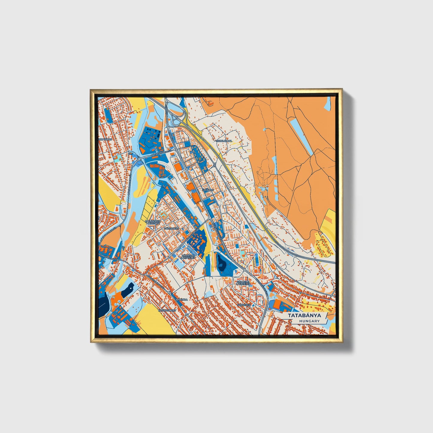 Tatabánya Hungary Colorful City Map Canvas Print • Gold Framed